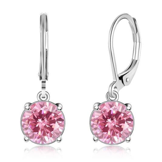 CiNily Leverback Dangle Earrings for Women Ladies Pink Cubic Zircon Pendant Earrings 14K White Gold Plated Hypoallergenic Crystal Drop Earrings for Sensitive Ears Jewelry 8 mm