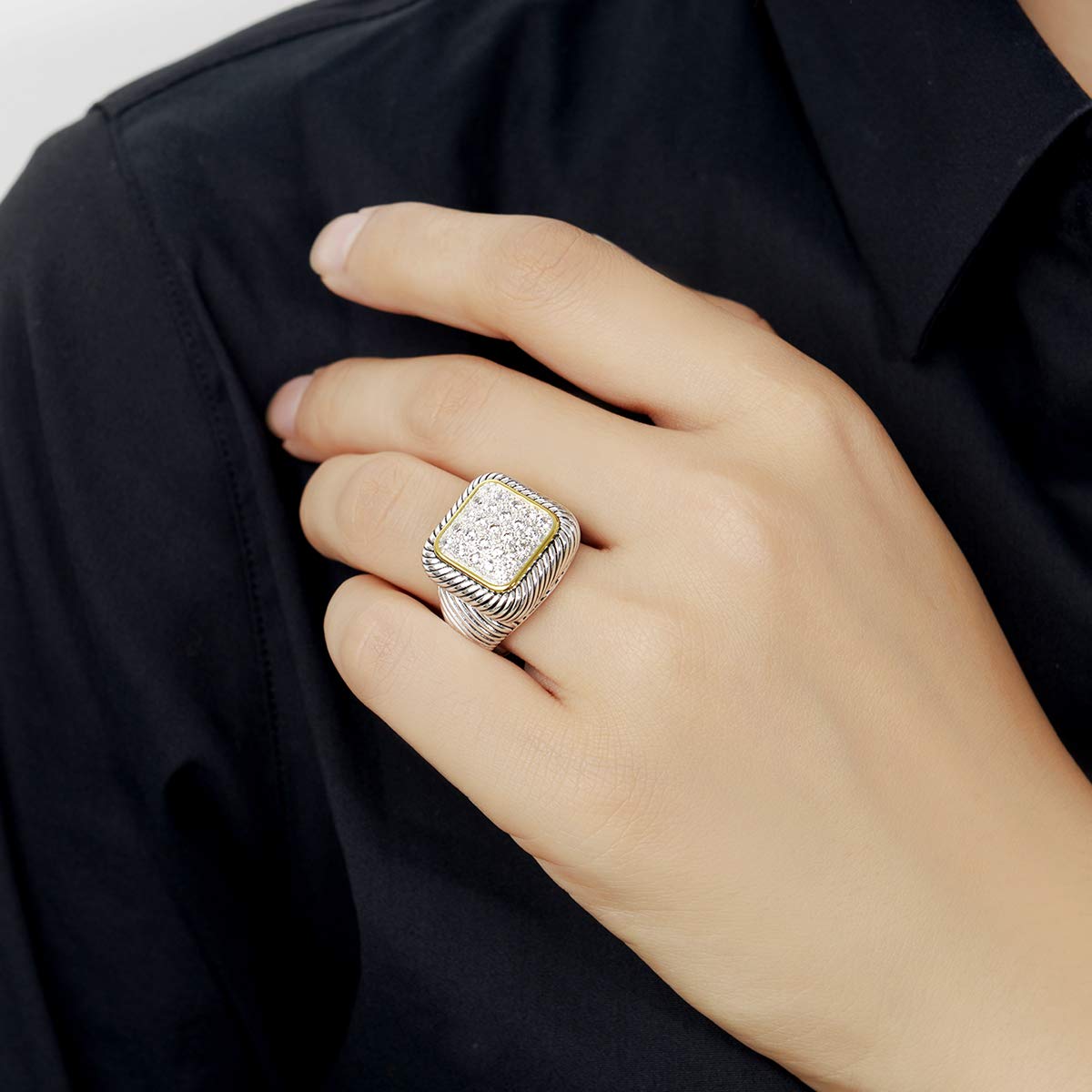 UNY Jewel Twisted Cable Ring Designer Inspired Fashion Brand David Square Pave CZ Women Two Tone Jewelry (White, 8)