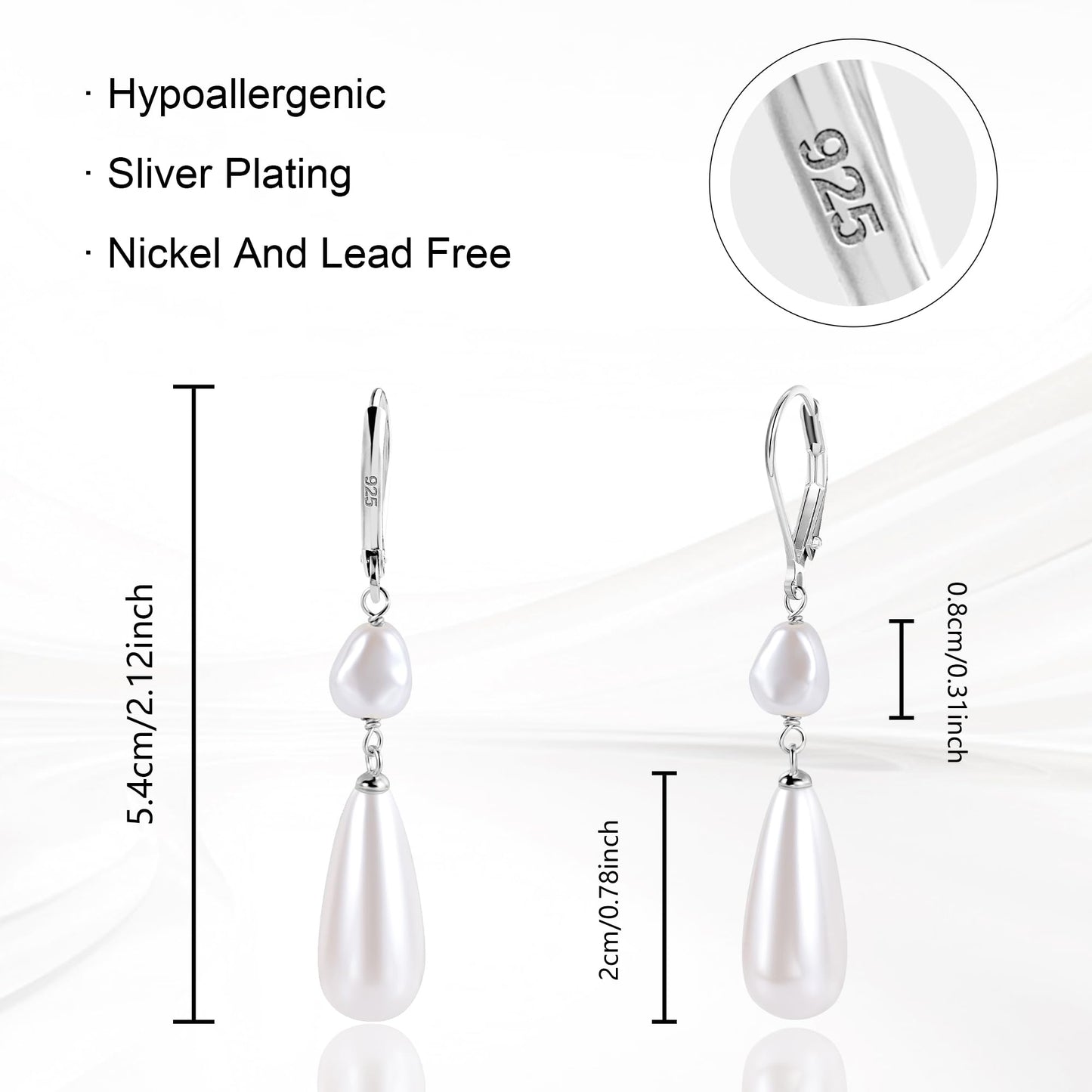 Silver Pearl Dangle Earrings for Women 925 Sterling Silver Double pearl Drop Earrings Leverback Irregular-Pearl Hypoallergenic Earring