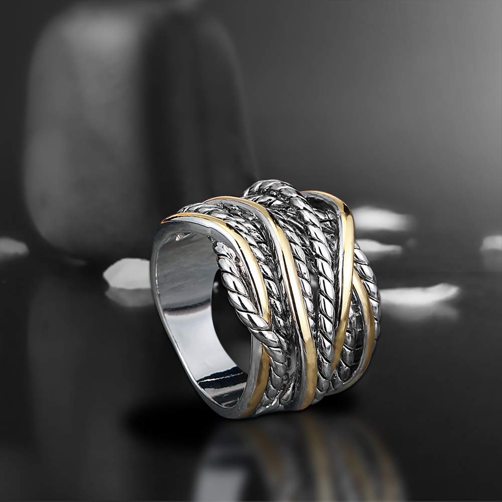 Mytys Gold and Silver Statement Rings for Women Wire Intertwined Design 14K Gold Plated Silver Band Ring Wide Index Finger Rings Costume Jewelry (Gold & Silver, 8)