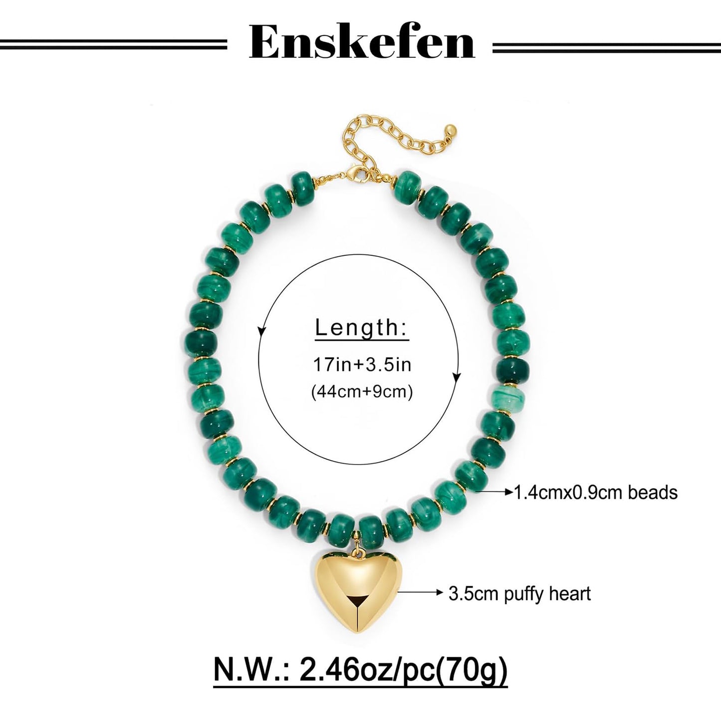 ENSKEFEN Chunky Necklaces for Women Boho Green Resin Beaded Choker Gold Heart Pendant Necklace Adjustable Statement Necklace Fashion Acrylic Jewelry