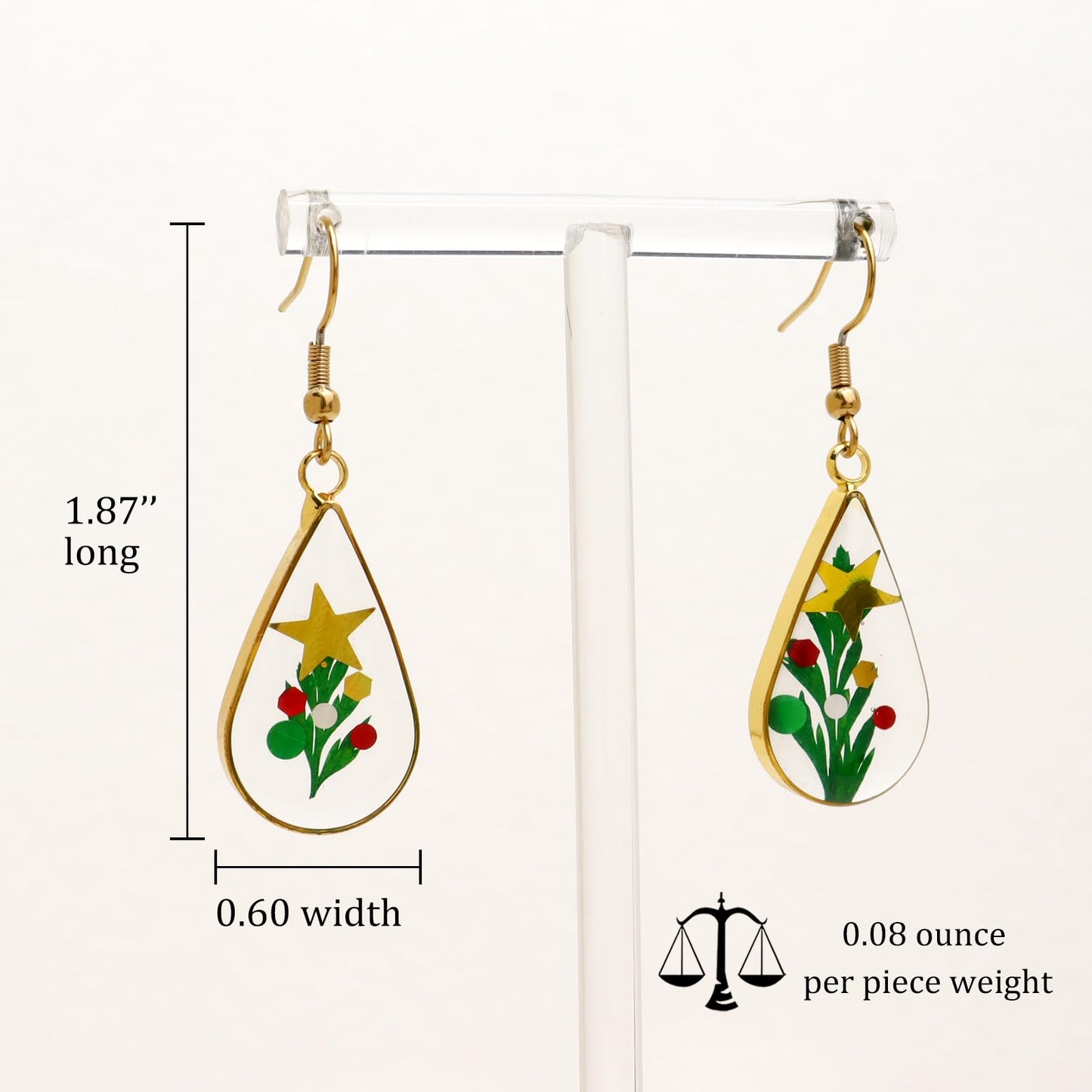 Jean Beau Handmade Pressed Leaf Earrings for Women, Unique Resin Star Green Dried Leaves Gold Plated Teardrop Dangle Drop Nature Floral Earings Fashion Summer Christmas Jewelry Gift