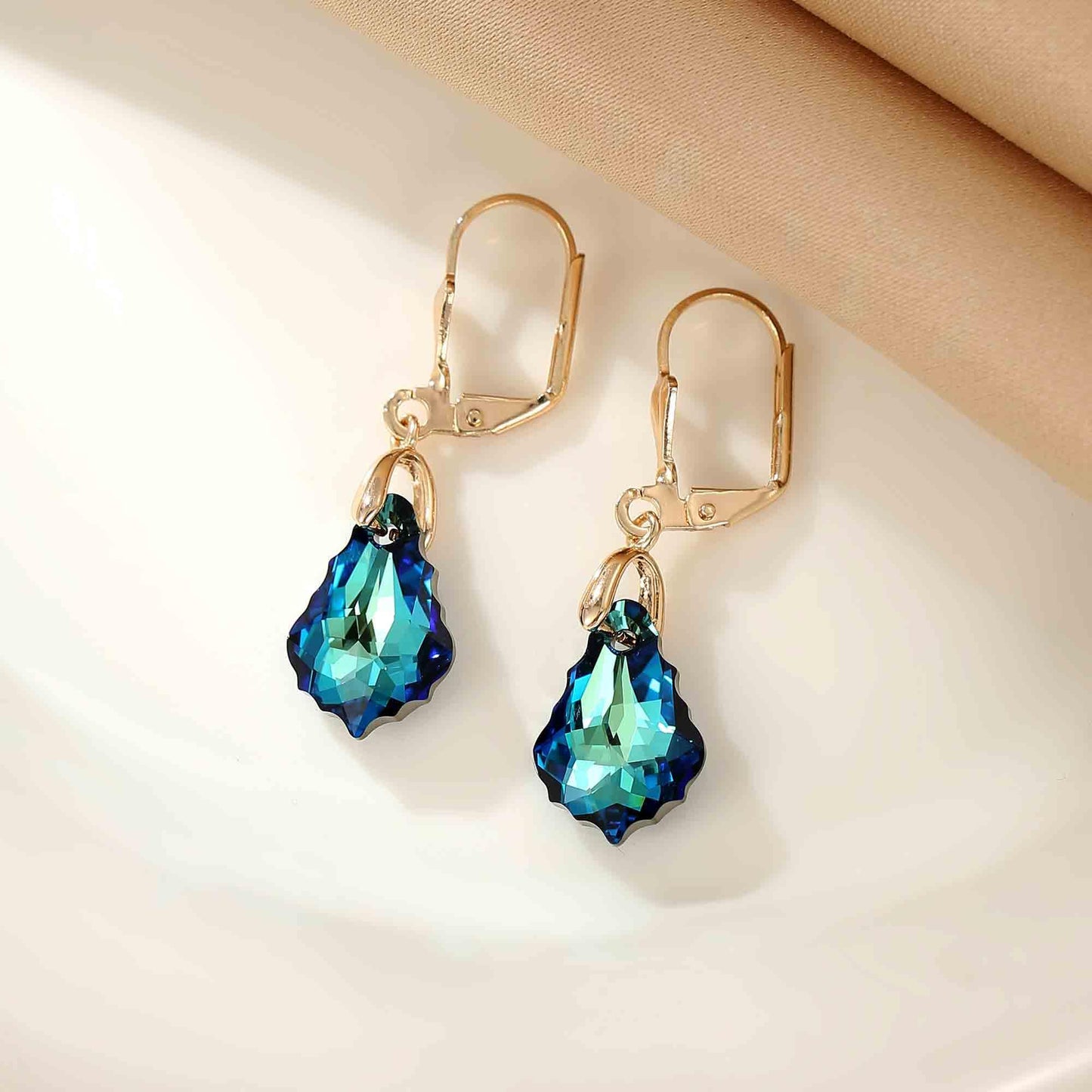 Austrian Crystal Baroque Drop Leverback Earrings for Women Fashion 14K Gold Plated Hypoallergenic Jewelry (Bermuda Blue)