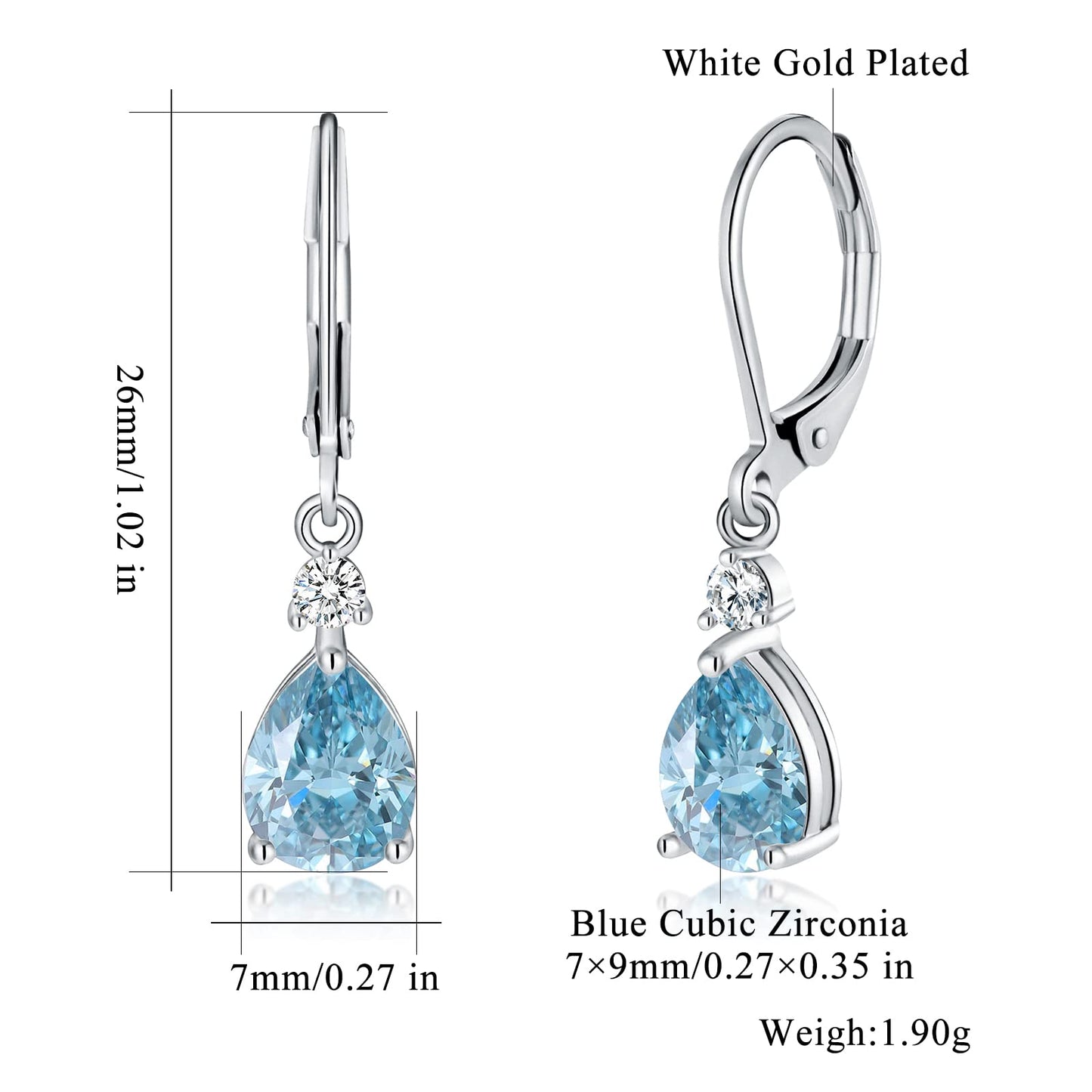 CiNily Leverback Dangle Earrings for Women 14K White Gold Plated Drop Earrings Blue Cubic Zircon Fashion Teardrop Hoop Earrings Hypoallergenic Jewelry for Sensitive Ear