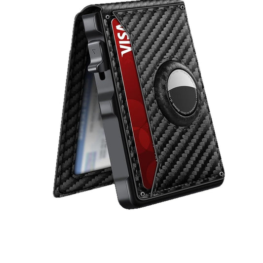 Sooshoom Slim Wallet for Men with Airtag Finder, Minimalist Aluminum Pop-Up Card Holder with Money Clip & ID Window, RFID Blocking Tracker Wallet Holds 9-13 Cards, Bifold Compact Gift (Carbon)