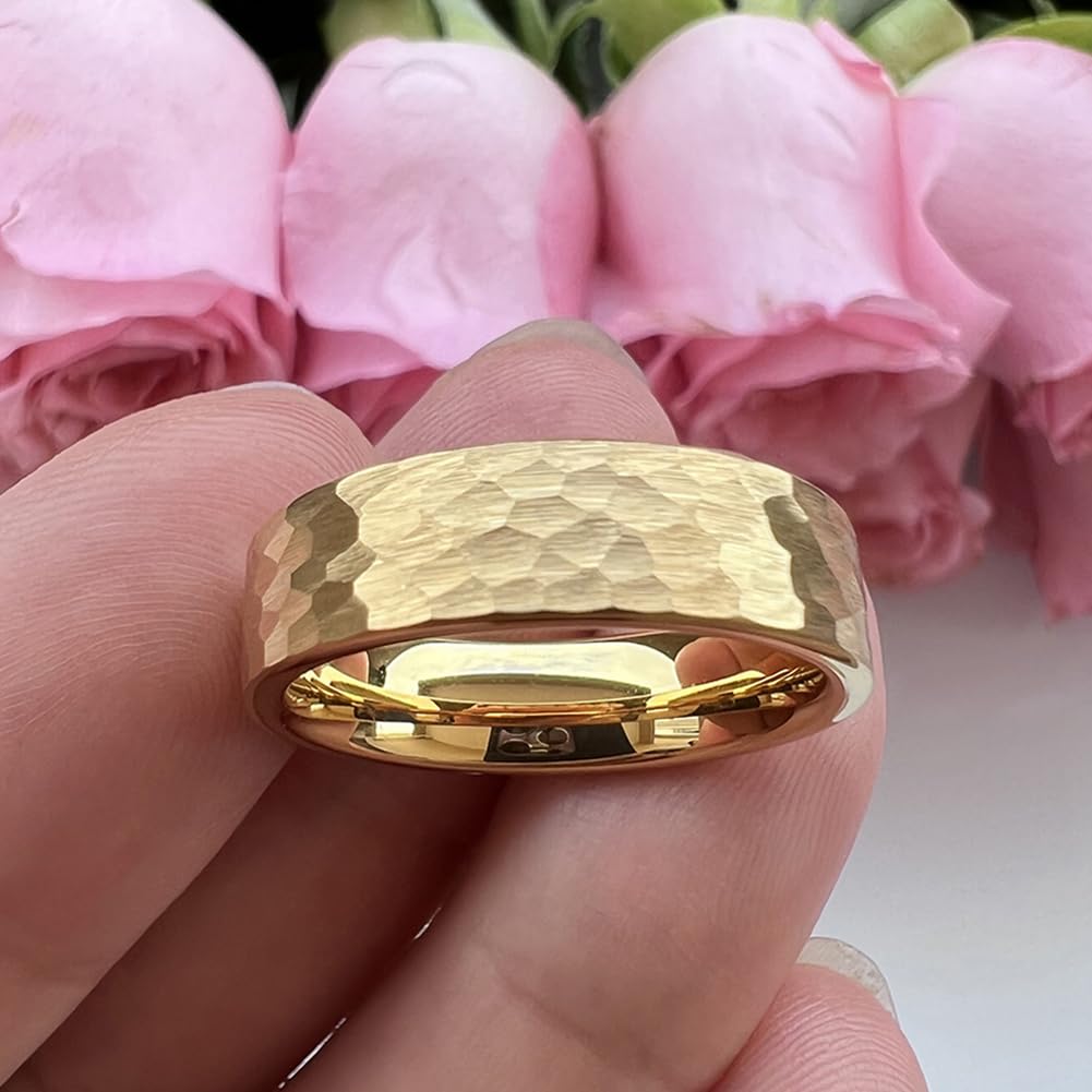 TUTISS 6mm Gold Hammered Tungsten Rings for Men Women Engagement Wedding Bands Pipe Cut Matte Finish Comfort Fit Size 10