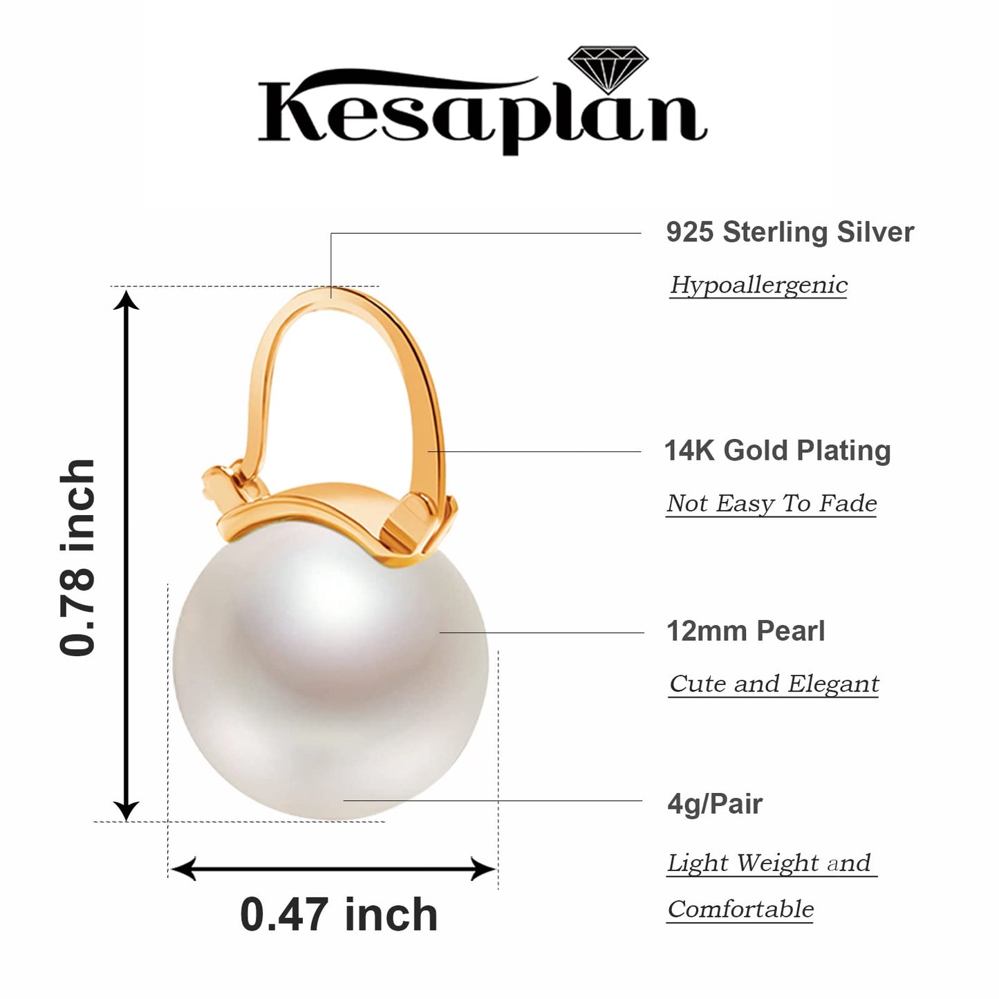 Kesaplan Pearl Earrings for Women Girls 14K Gold Plated Hypoallergenic Pearl Earrings 5A Cubic Zirconia Dangle Earrings Elegant Jewelry for Gifts