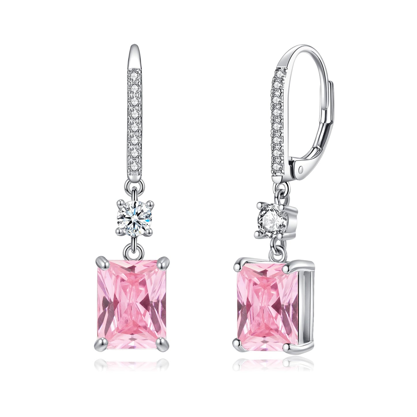 CiNily Leverback Earrings for Women Rectangular-cut Drop Dangle Earrings Hypoallergenic, 14K White Gold Plated Pink Cubic Zircon Earrings Diamond Dangle Earrings Jewelry Birthday