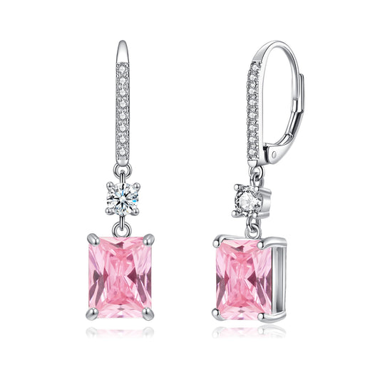 CiNily Leverback Earrings for Women Rectangular-cut Drop Dangle Earrings Hypoallergenic, 14K White Gold Plated Pink Cubic Zircon Earrings Diamond Dangle Earrings Jewelry Birthday
