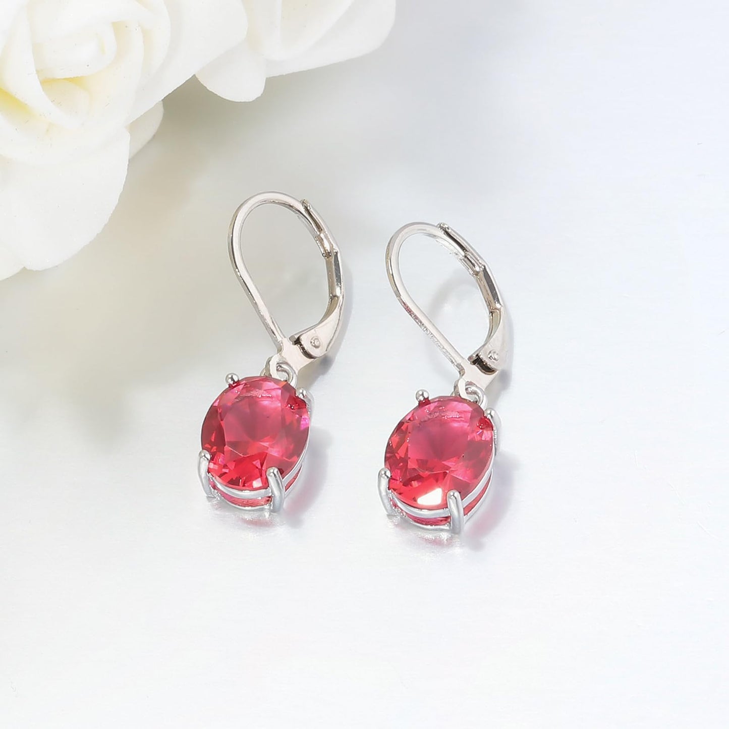 CiNily Cut-Oval Leverback Dangle Earrings for Women Red Cubic Zircon 14k White Gold Plated Hypoallergenic Hanging Earrings Lightweight Summer Drop Earrings