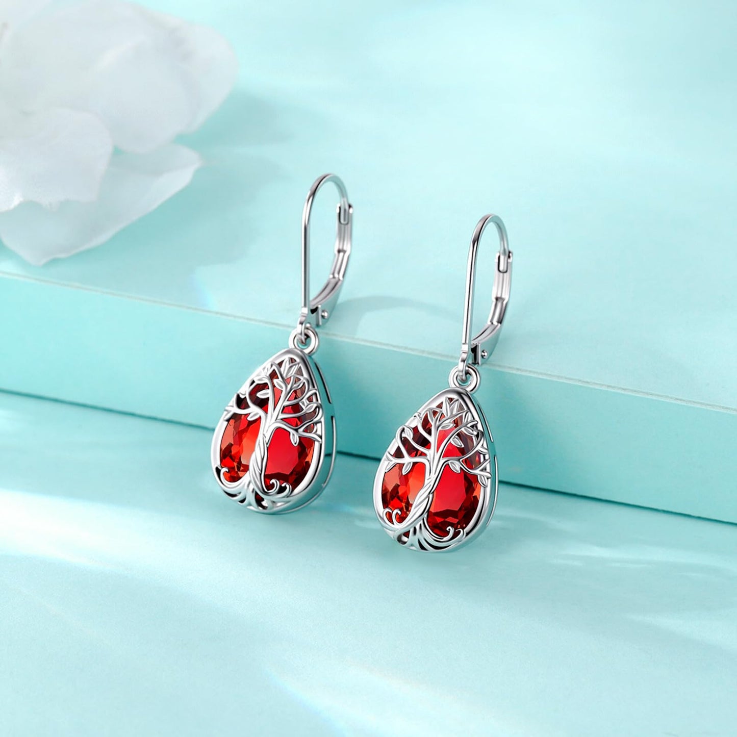 Eusense Tree of Life Earrings 925 Sterling Silver Garnet Birthstone Earrings Teardrop Dangle Leverback Earring for Women January Birthstone Jewelry