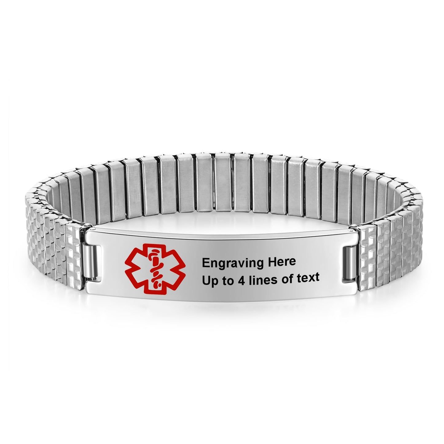 Personalized Medical ID Bracelets for Men - Custom Emergency Alert Bracelet for Women Engraved Medic Info Elastic Stainless Steel Bracelets for Family Autism Allergy Diabetic Epilepsy (Silver, 19.5cm)