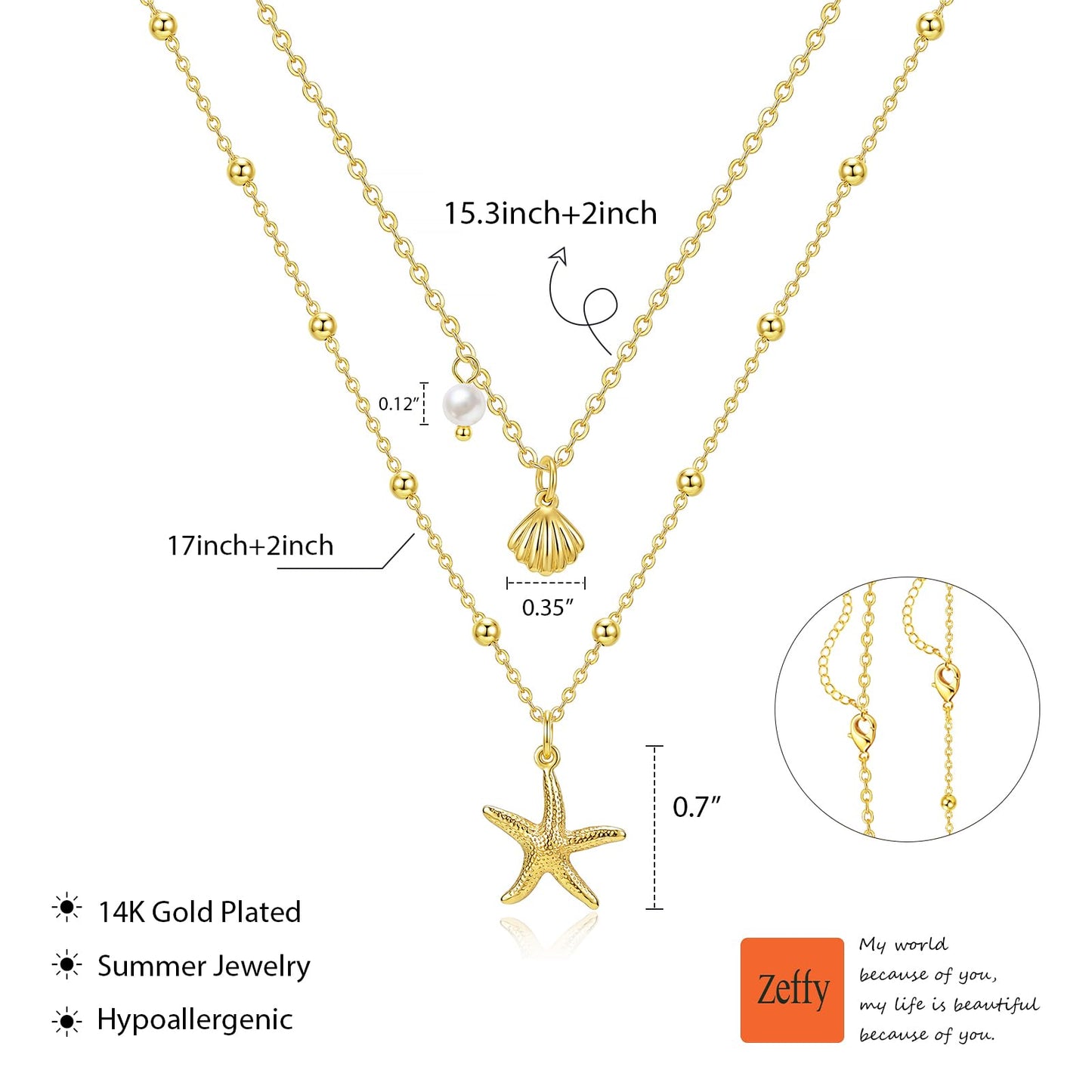Zeffy Seashell Layered Charm Necklace for Women Dainty 14k Gold Plated Starfish Shell Pearl Pendant Waterproof Necklace Stack Choker Chain Jewelry for Summer Beach Vacation
