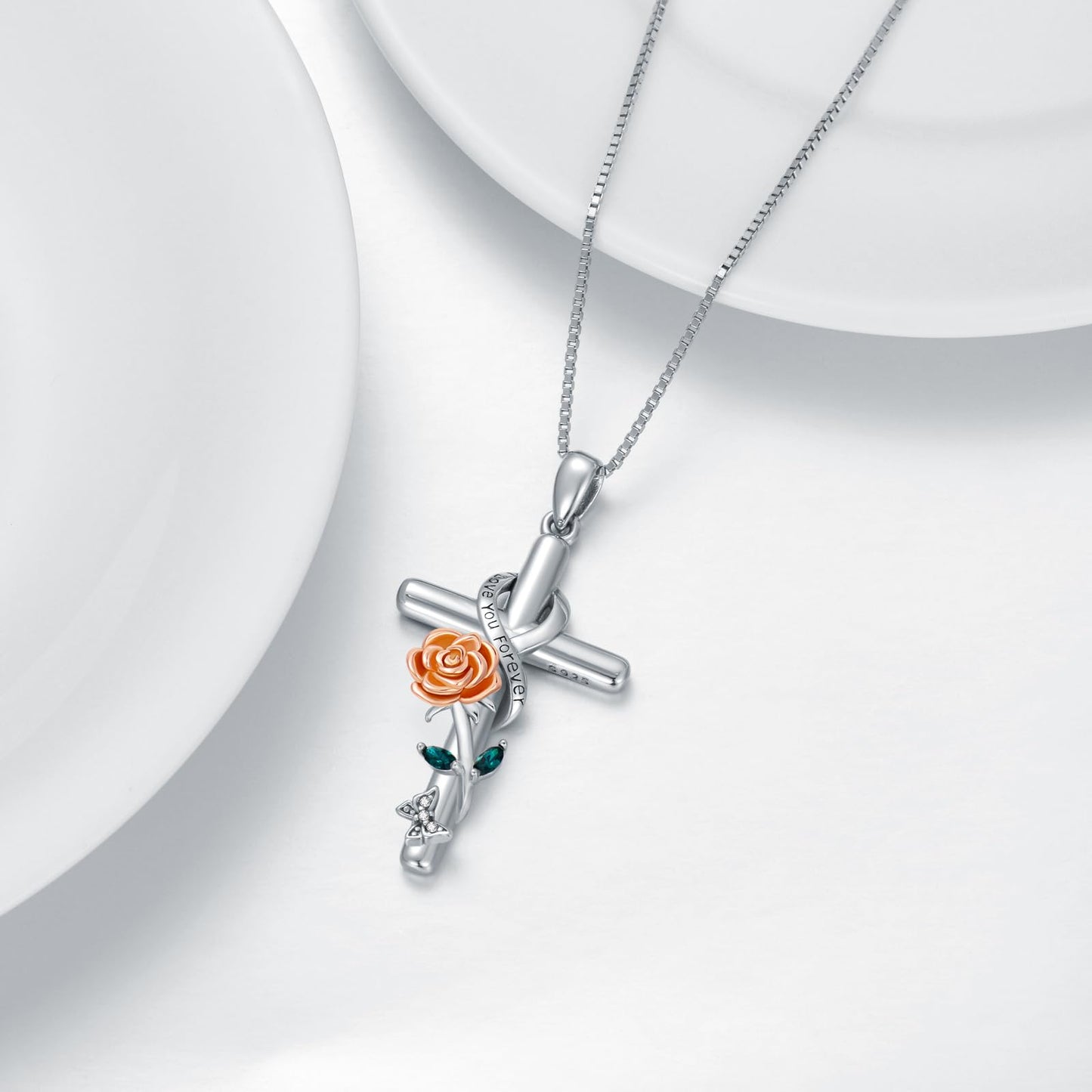 Flpruy Rose Birth Flower Necklace 925 Sterling Silver Cross Necklace 12 Month Birth Flower Floral Pendant Birthday Jewelry Gifts for Women Mom