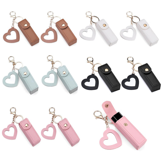 NEETUE 10PCS PU Leather Lipstick Holder Keychain with Heart-Shaped Mirror for Women, Portable Lip Gloss Organizer Small Lip Balm Keychain Holder for Travel Lipstick Storage (5 Colors)