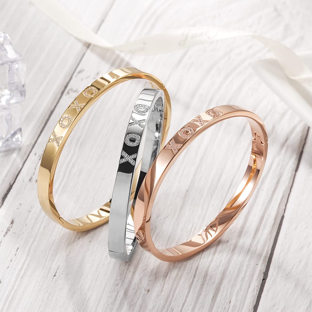 WISTIC Gold Plated Bangle Bracelet for Women, Silver Engraved Letter Cuff Bracelet with CZ, Fits 6.0–7.0 Inch Wrist, 2.4in Inner Dia., Rose Gold Stainless Steel Hinged Bangle Jewelry, XOXO, Silver