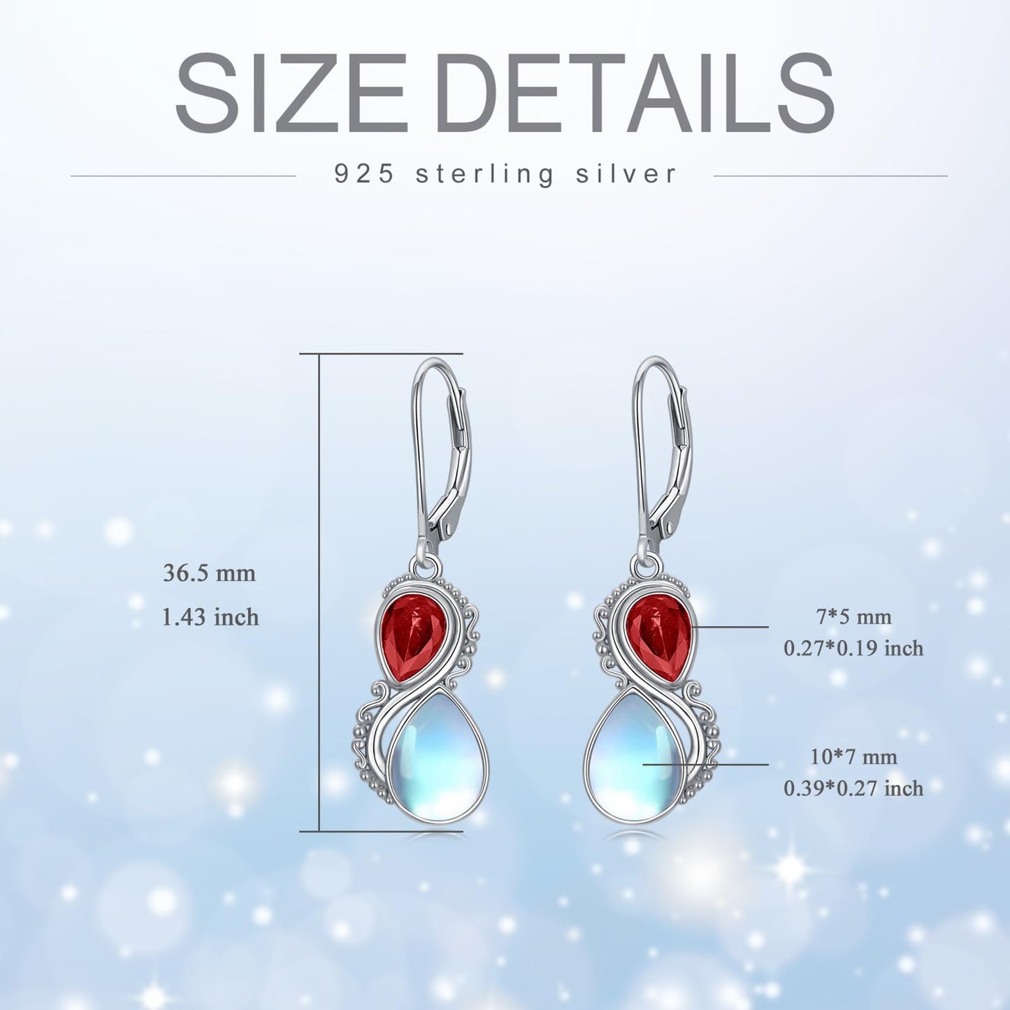 Moonstone Earrings 925 Sterling Silver Vintage Dangle Drop Leverback Earrings with Red July Birthstone Jewelry Gifts for Women