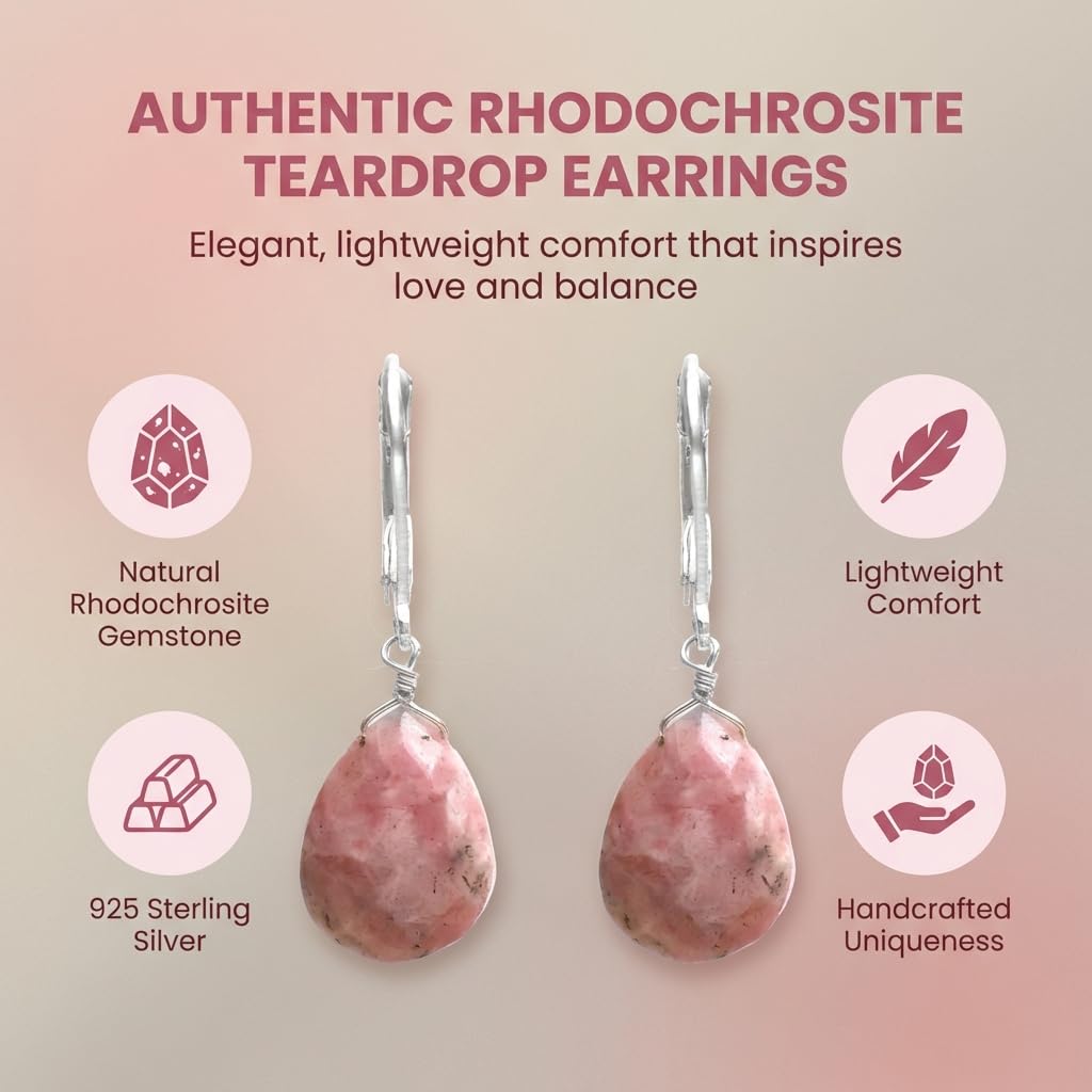 GemInspire | Rhodochrosite Teardrop Earrings for Women | 925 Sterling Silver Leverback Lightweight Natural Crystal Dangle Minimal Drop Jewelry Gift for Mom Wife Girlfriend Everyday Wear