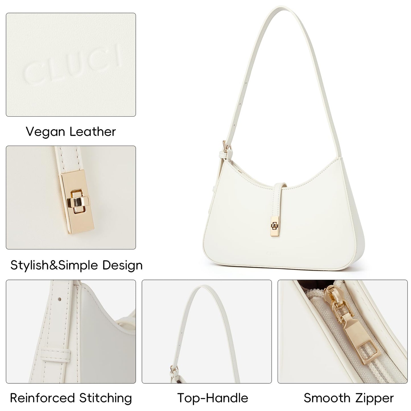 CLUCI Shoulder Bag for Women, Purses for Women, Handbag Hobo Bags Vegan Leather Crossbody Purse with Adjustable Strap White
