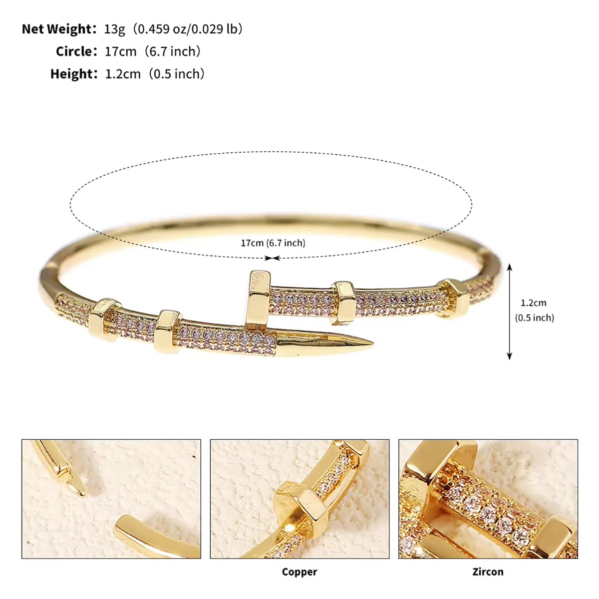 NMAVXKLI Nail Bangle Bracelet for Women 18K Gold Plated Cubic Zirconia Stones Titanium Steel Bracelet Jewelry Valentines Christmas Gifts (Silver)