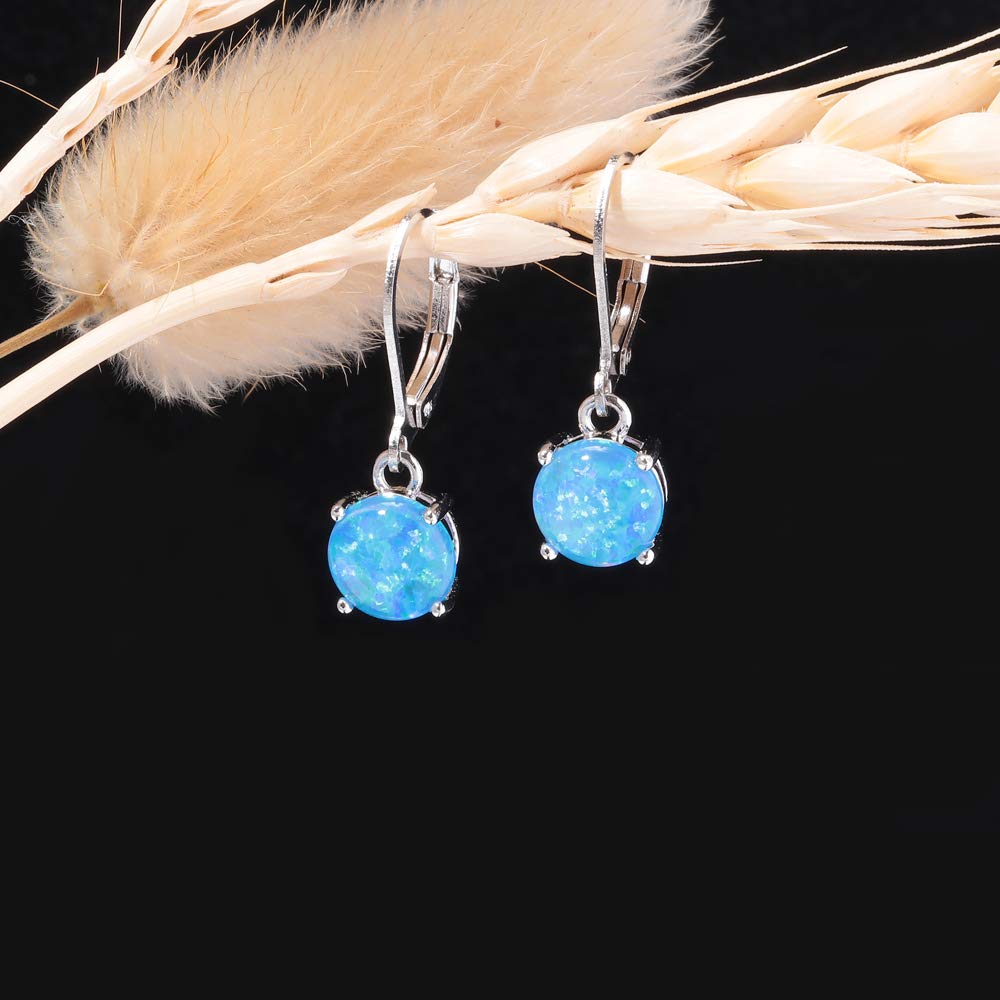 CiNily Round-Cut Opal Dangle Earrings, Blue Fire Opal Rhodium Plated Women Jewelry Leverback Gemstone Drop Earrings