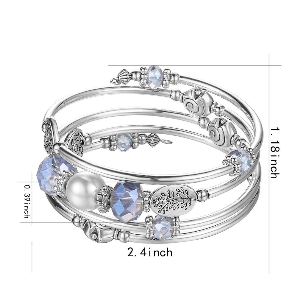 PEARL&CLUB Bead Crystal Wrap Bangle Bracelet - Fashion Jewelry Beaded Bracelet with Silver Metal, Gifts for Women(92-Blue)
