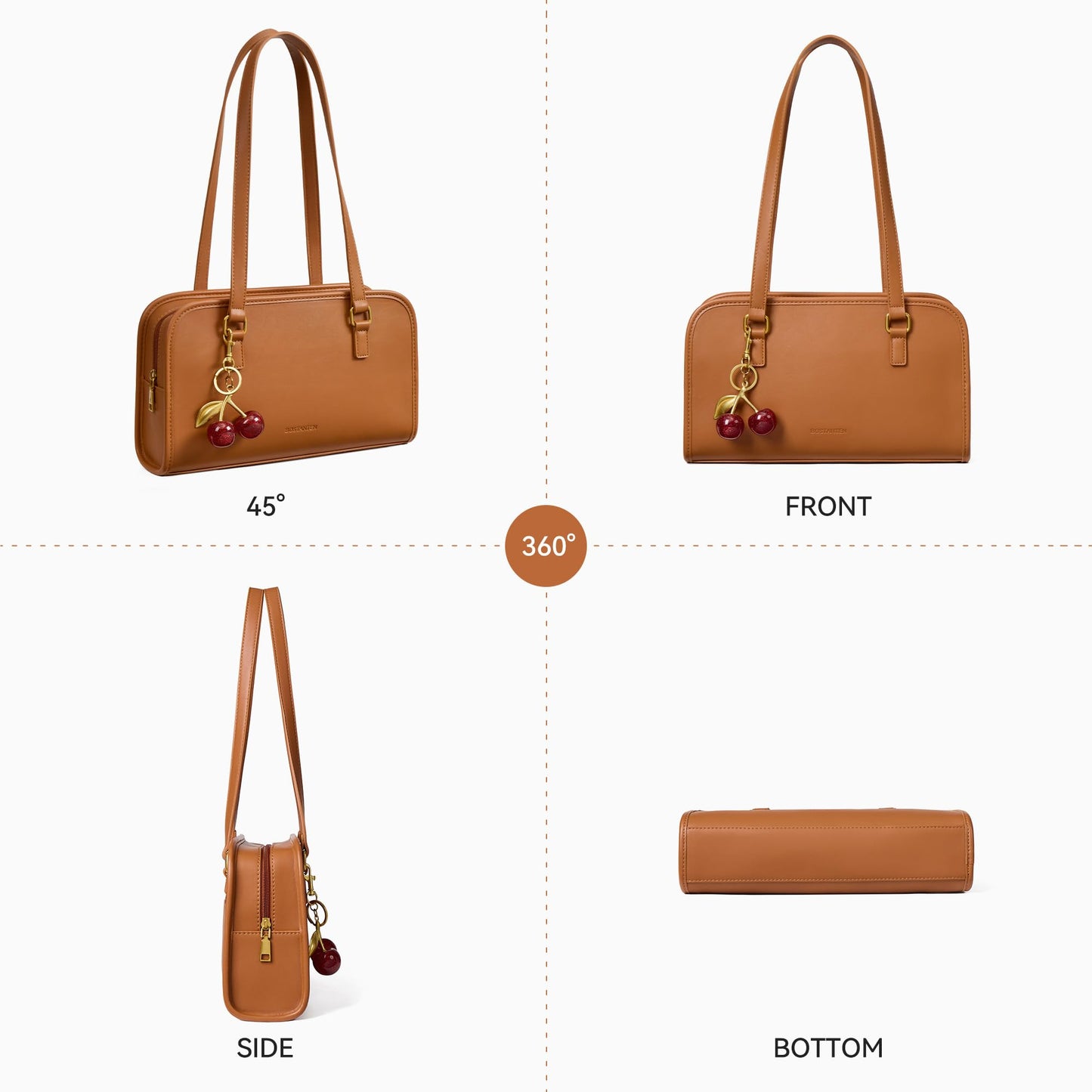 BOSTANTEN Shoulder Bag for Women Vegan Leather Purse with Cherry Charm Medium Handbag with Zipper for Daily Use, Brown