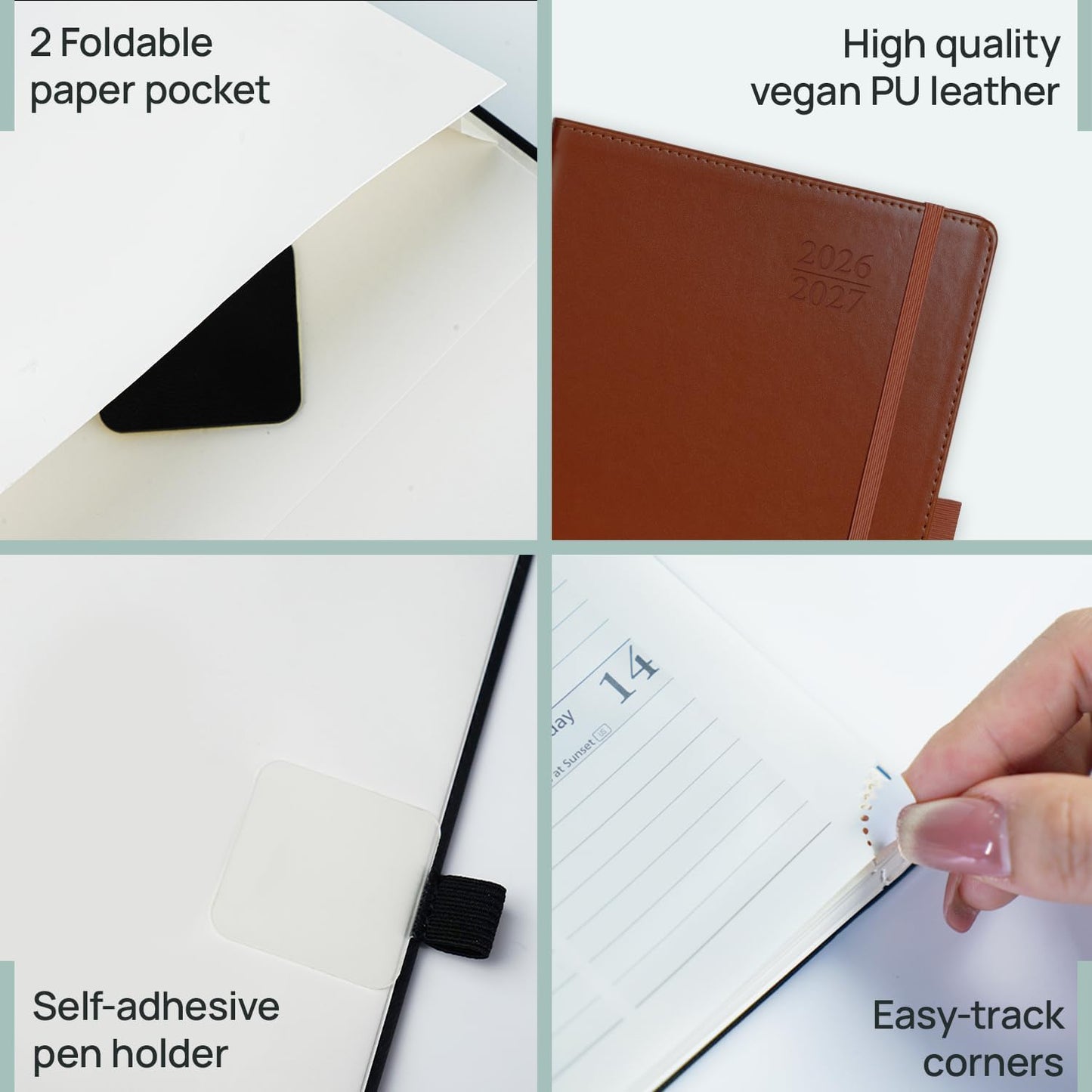 POPRUN Daily Planner 2026-2027 One Page per Day, (A5 Size 5.7" x 8.5") Academic Planner (July 2026 - June 2027) Hourly Appointment Book with Vegan Leather Hardcover, Monthly Tabs & Inner-pocket - Dark Green
