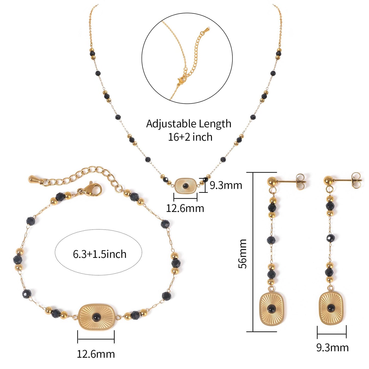 TaYolnFaSo Natural Black Agate Jewelry Set for Women 18K Gold Plated Sun Disk Black Agate Necklace Earrings Bracelet Set Gift for Girlfriend