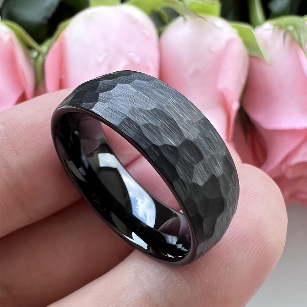 TUTISS 8mm Black Hammered Tungsten Rings for Men Women Fashion Engagement Wedding Bands Domed Matte Finish Comfort Fit Size 10