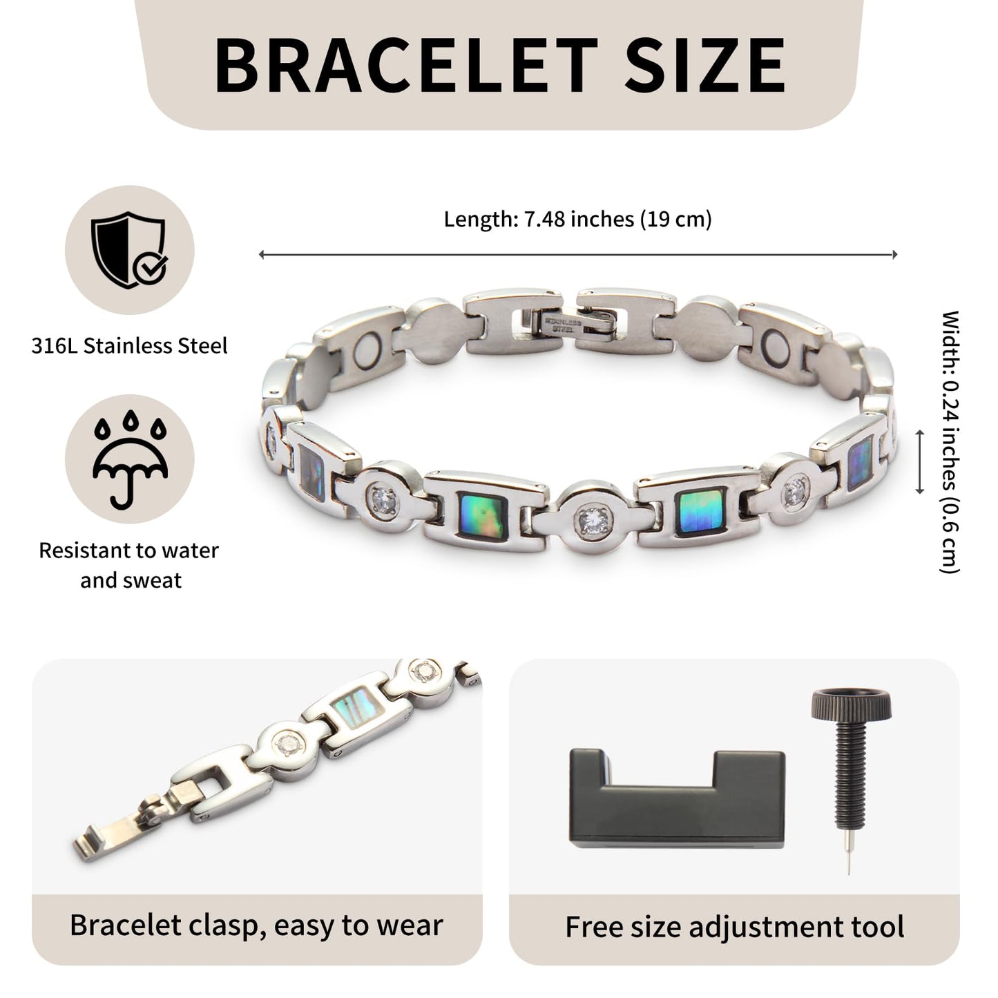 KYOSI Magnetic Bracelets for Women 3500 Gauss Magnet Fashion Zircon and Shell Womens Stainless Steel Bracelet Jewelry 7.48 inches