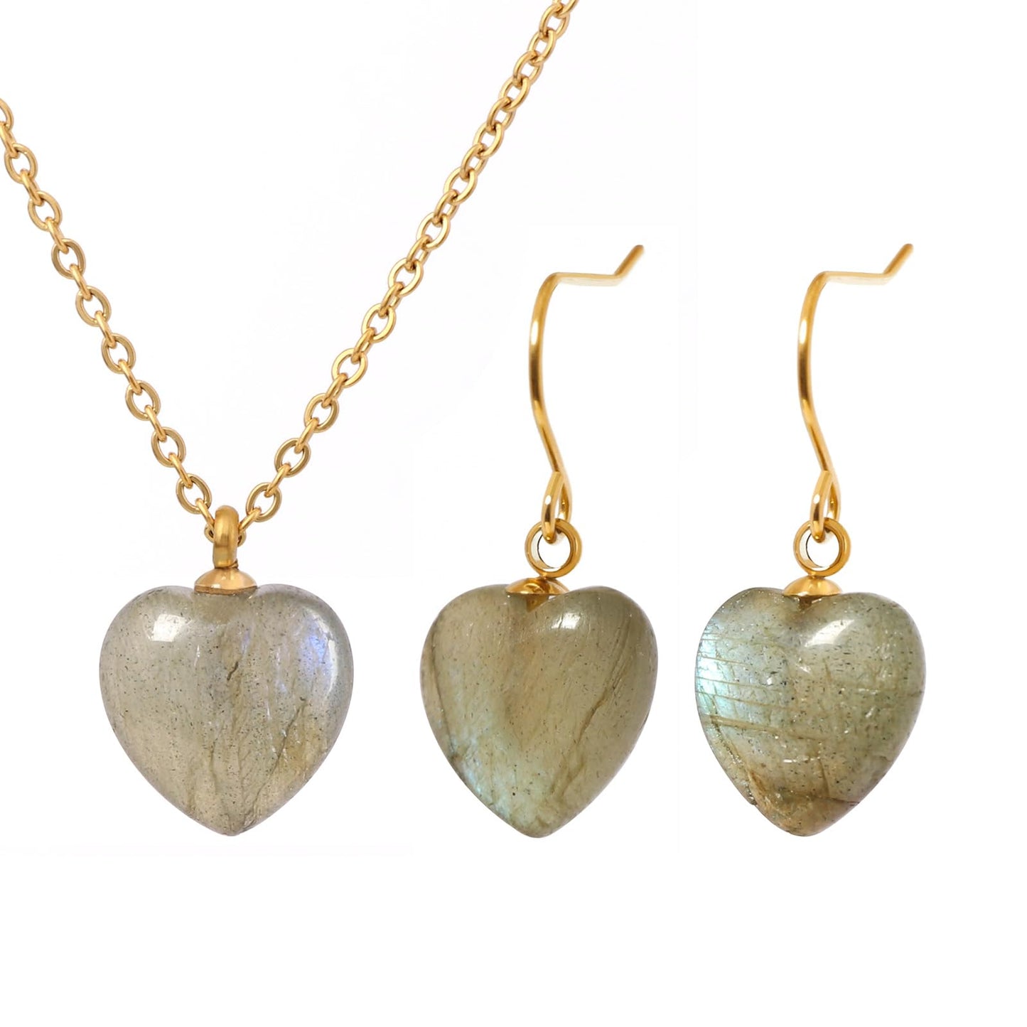 TaYolnFaSo Natural Heart Labradorite Jewelry Set for Women Dainty Cute 18K Gold Plated Labradorite Earrings and Necklace Set Birthday Gifts
