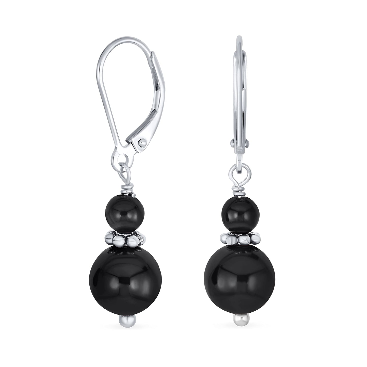 Bling Jewelry Bali Style .925 Sterling Silver Black Onyx Bead 3MM & 8mm Balls Drop Earrings Milgrain Rondel Separator Lever Back Genuine Gemstone