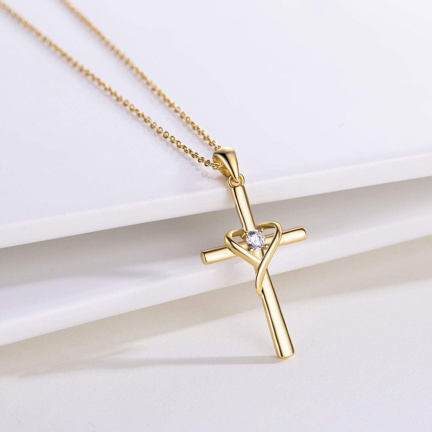 AmorAime 925 Sterling Silver Cross Necklace for Women Men 14K Gold Plated 5A CZ Birthstone Necklaces for Holiday (Z-Gold)