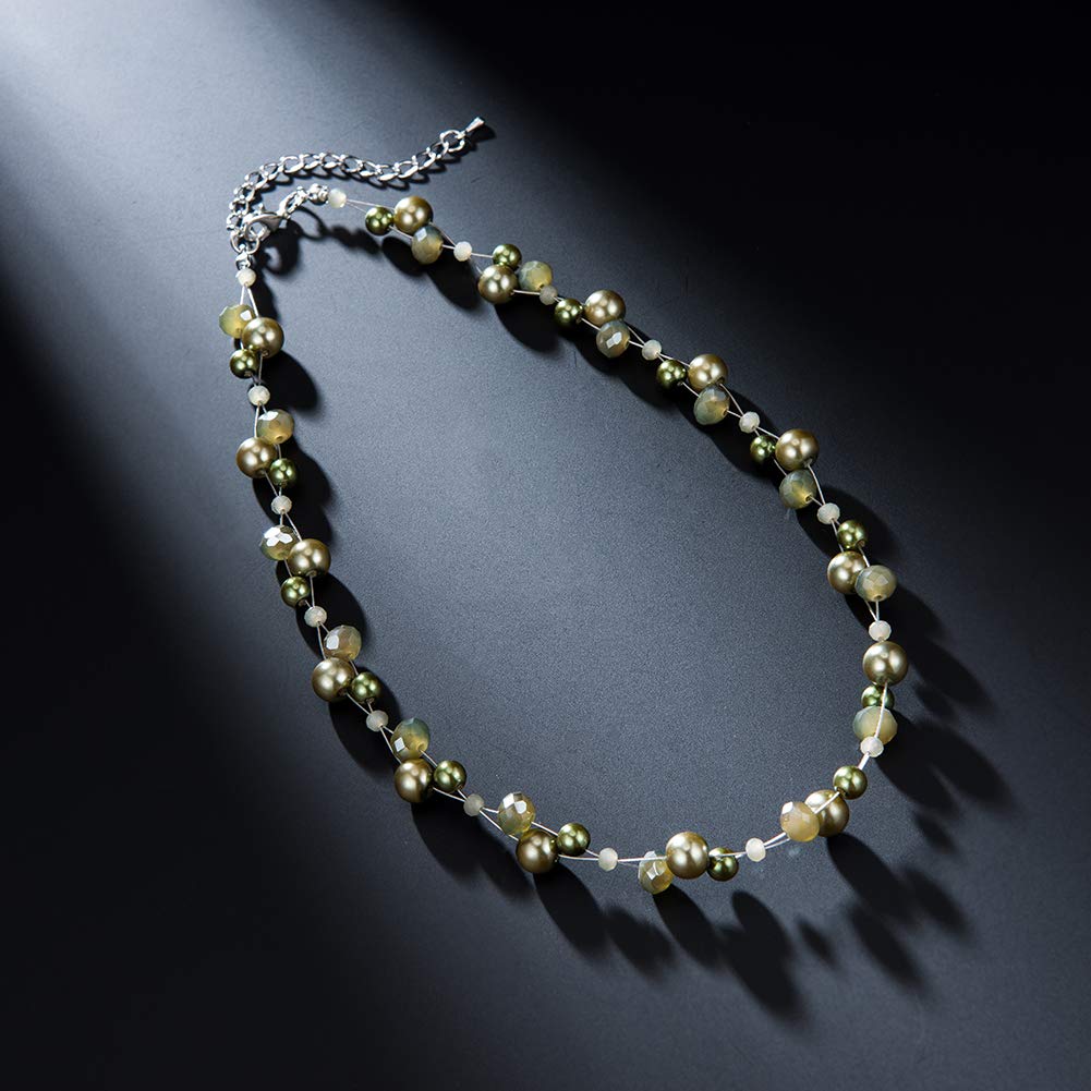 Short Beaded Turquoise Necklace For Women - Fashion Jewelry with Pearl and Crystal Bead, Birthday Gifts For Women (27-Army Green)