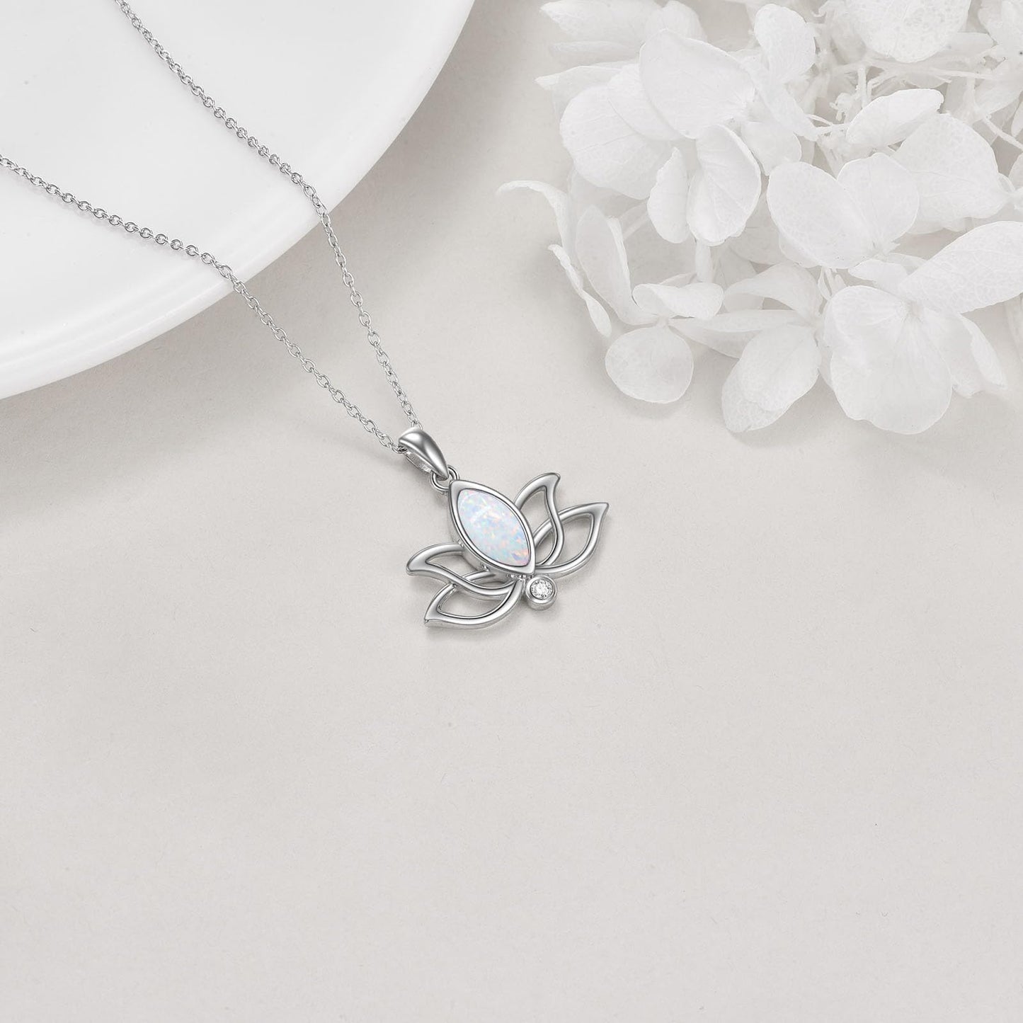 YFN Lotus Flower Necklace Sterling Silver White Opal Lotus Pendant Lotus Jewelry Gifts for Women