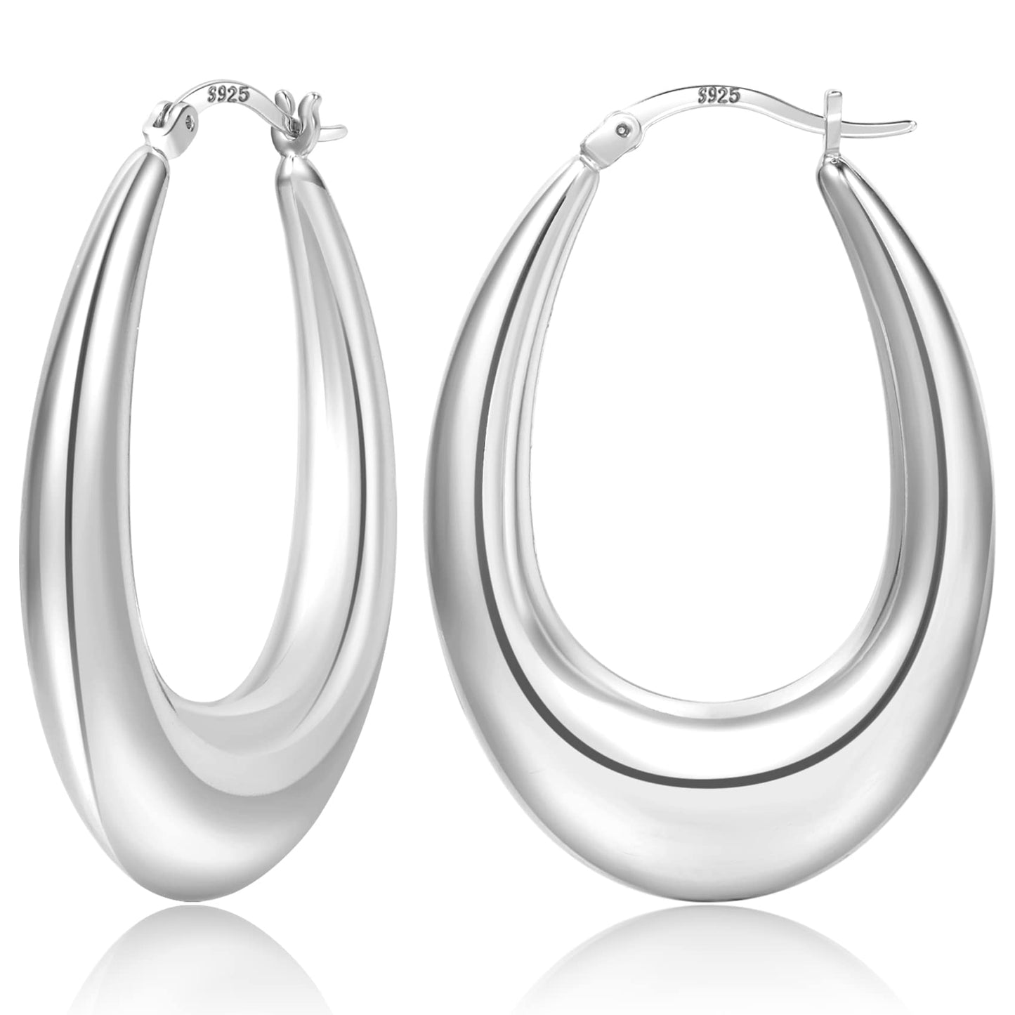 PABBEU Chunky Silver Hoops Earrings for Women, Hypoallergenic Lightweight 925 Sterling Silver Oval Hoop Earring, Sterling Silver Thick Hoop Earrings for Women (30mm)