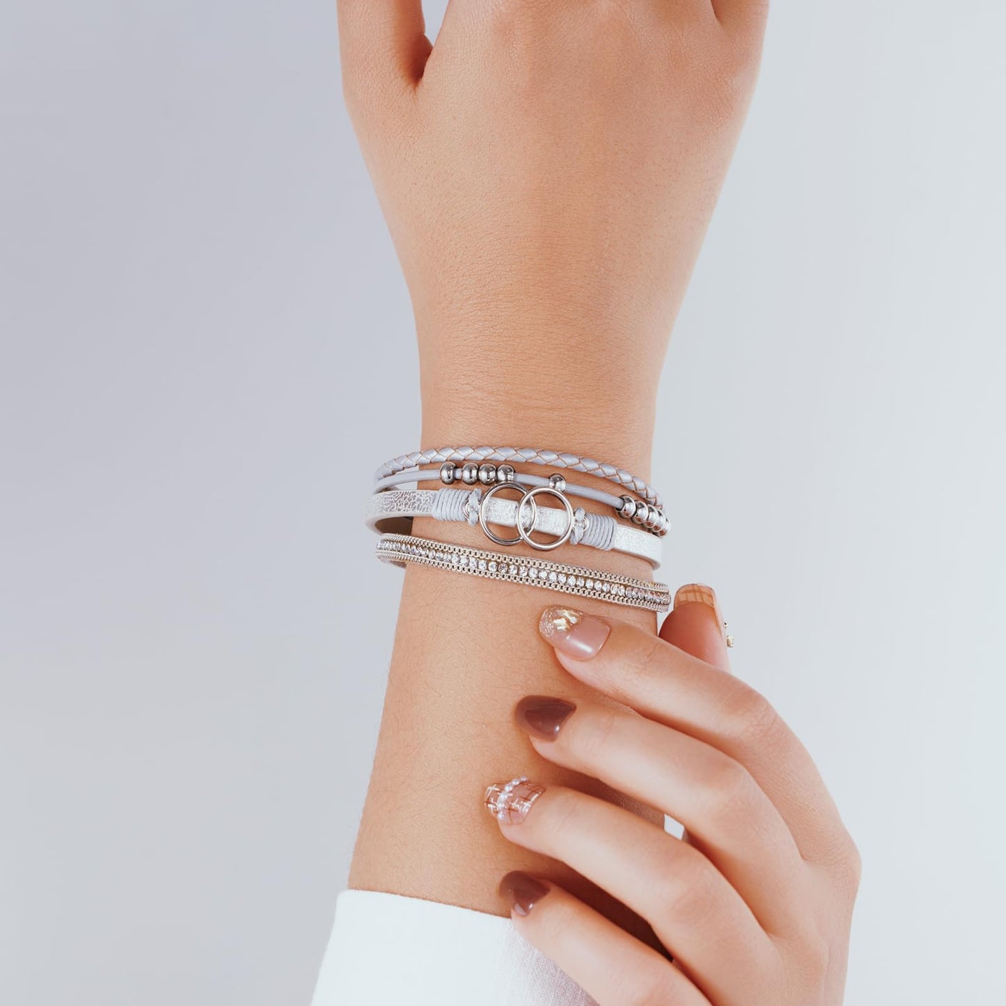 Becklynn Boho Leather Wrap Bracelets Beaded Crystal Stackable Cuff Bracelet with Magnetic Clasp Cowboy Cowgirl County Concert Outfits Western Jewelry Gifts for Women(Infinity Silver)