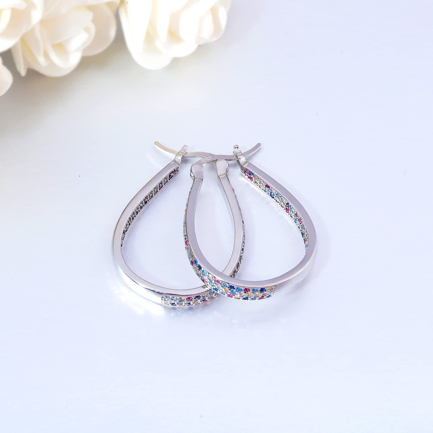 CiNily 925 Sterling Silver Post Hoop Earrings for Women 14K White Gold Plated Rainbow Cubic Zirconia Hoop Earrings Large Oval Chunky Hoops Gemstone Earrings Jewelry