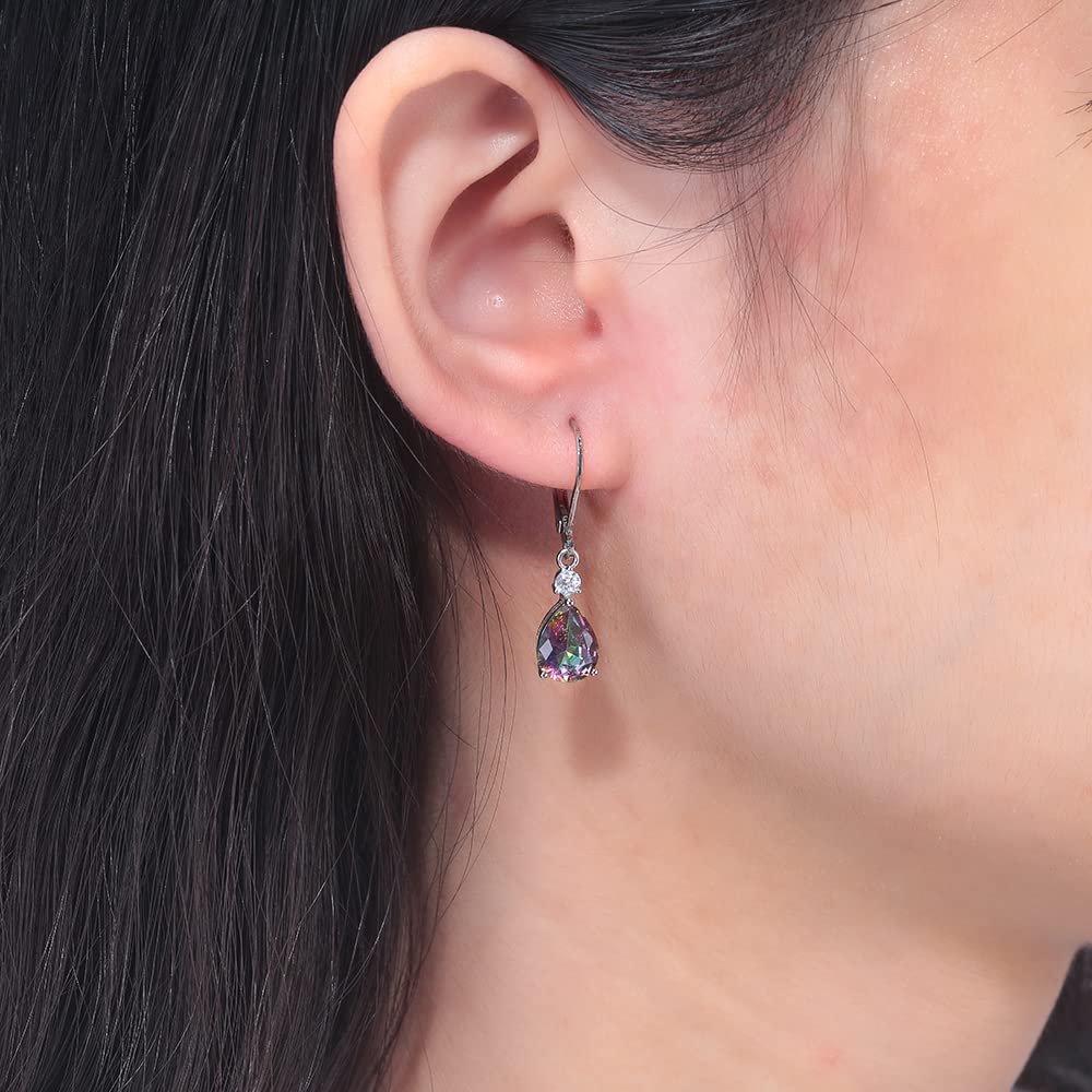 CiNily Womens Leverback Dangle Drop Earrings 14K White Gold Plated Hypoallergenic Mystic Rainbow Topaz Earrings
