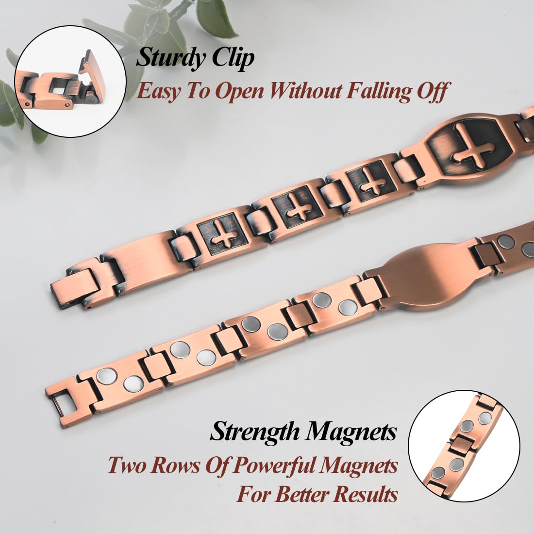 Vicmag 2PCS Men Copper Magnetic Bracelets for Couple Double Row 99.9% Solid Pure Copper Cross Bracelet Gift with Adjustment Tool