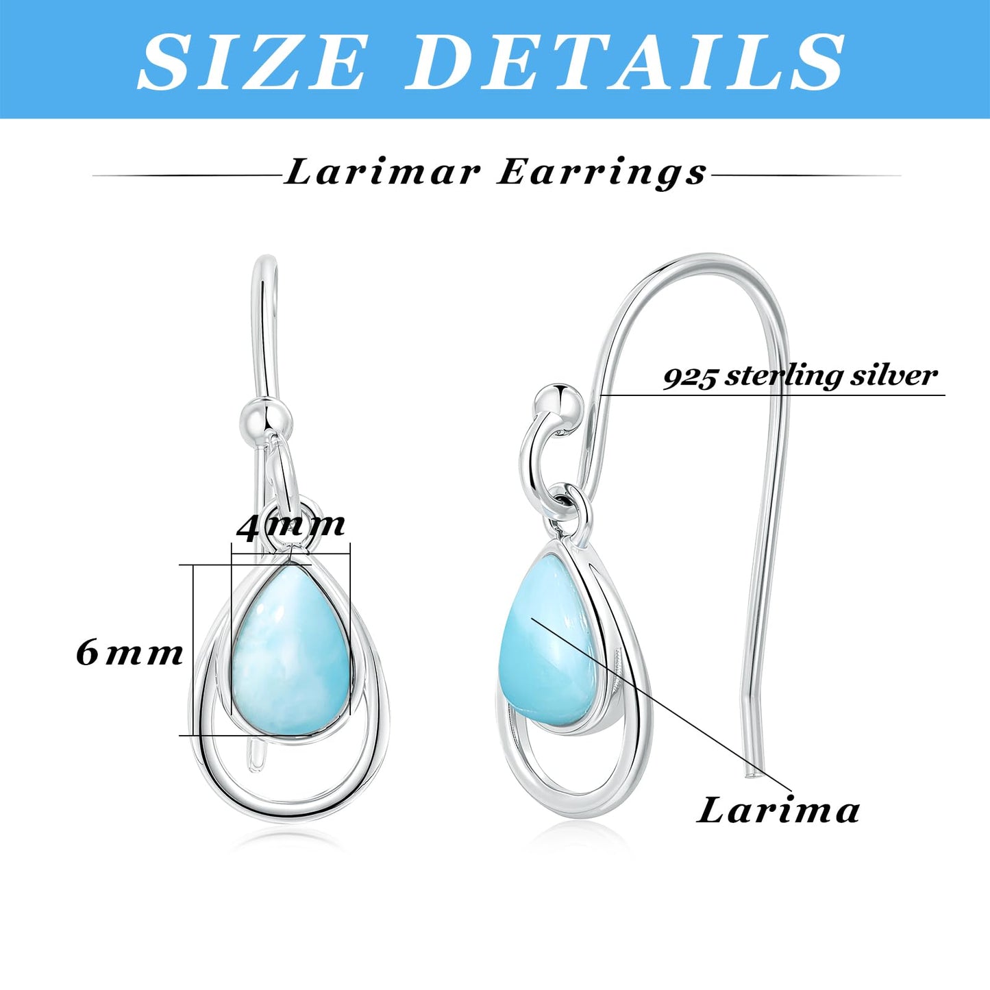 Gemsme Blue Larimar Dangle Earrings - 925 Sterling Silver Hypoallergenic Teardrop Drop Earrings for Women