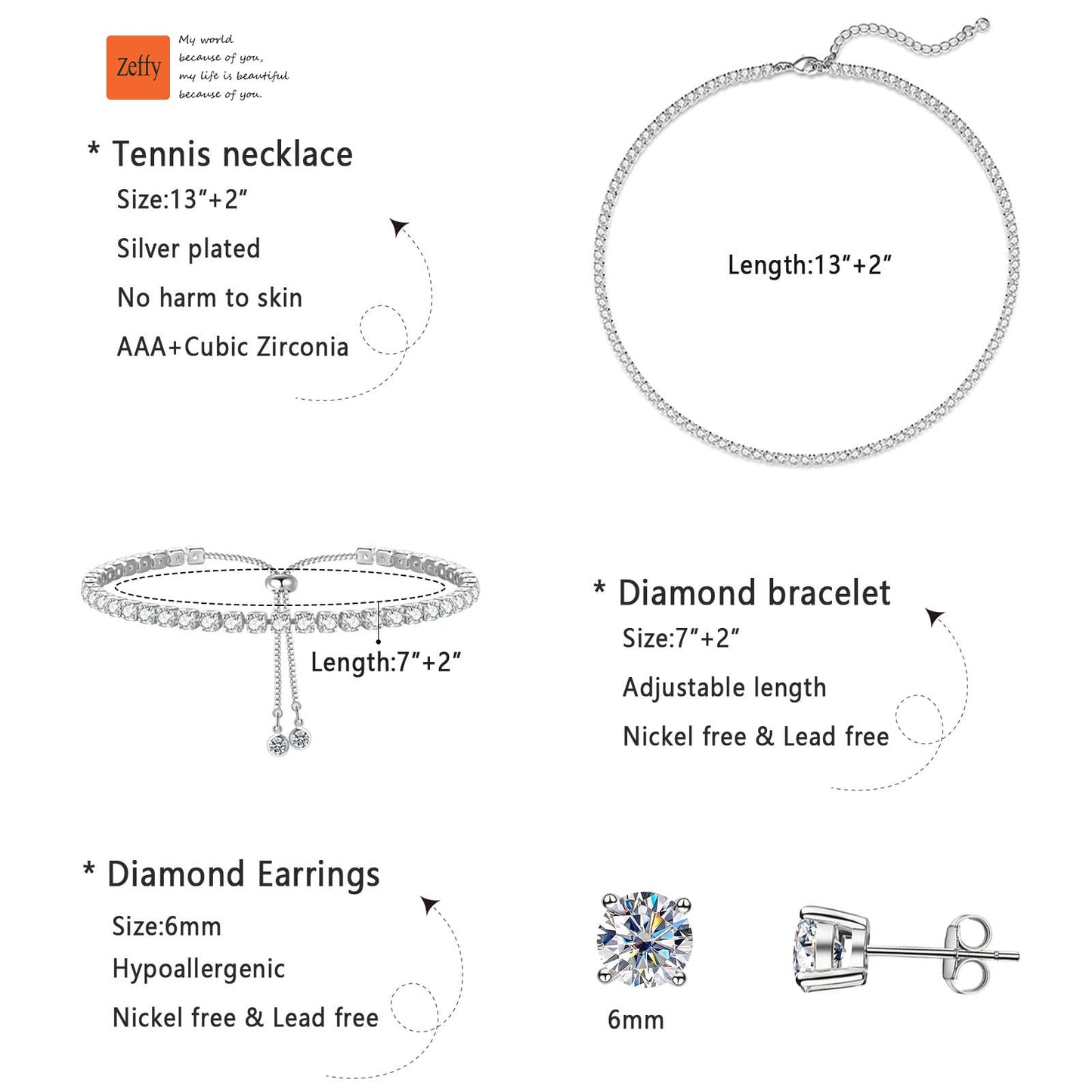 Zeffy Tennis Necklace Jewelry Sets for Women, White Gold Plated Jewelry Set with White AAA Cubic Zirconia, rhinestone choker necklaces, Bridal Jewelry Set for Wedding
