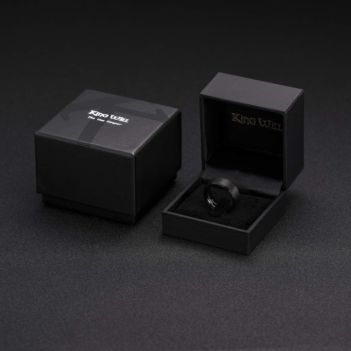 King Will 8mm Men's Black Tungsten Wedding Ring - Brushed Matte Surface, Beveled Polished Edge, 2 Pcs Comfort Fit Size 9.5 + 10