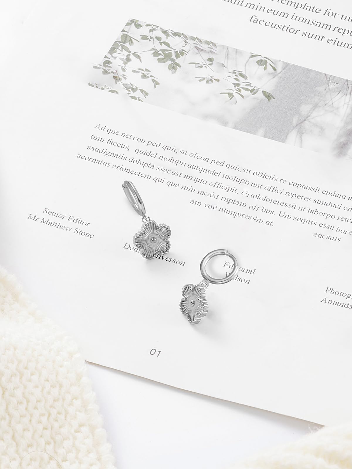 Gold Plated Five Leaf Clover Dangle Earrings for Women Lucky Flower Jewelry (Silver-White Gold Plated)