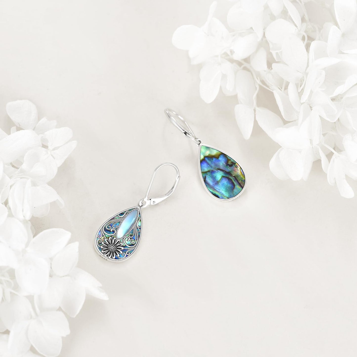 Sunflower Filigree Earrings Sterling Silver Teardrop Abalone Shell Drop Dangle Filigree Leverback Earrings Gifts for Women Jewelry