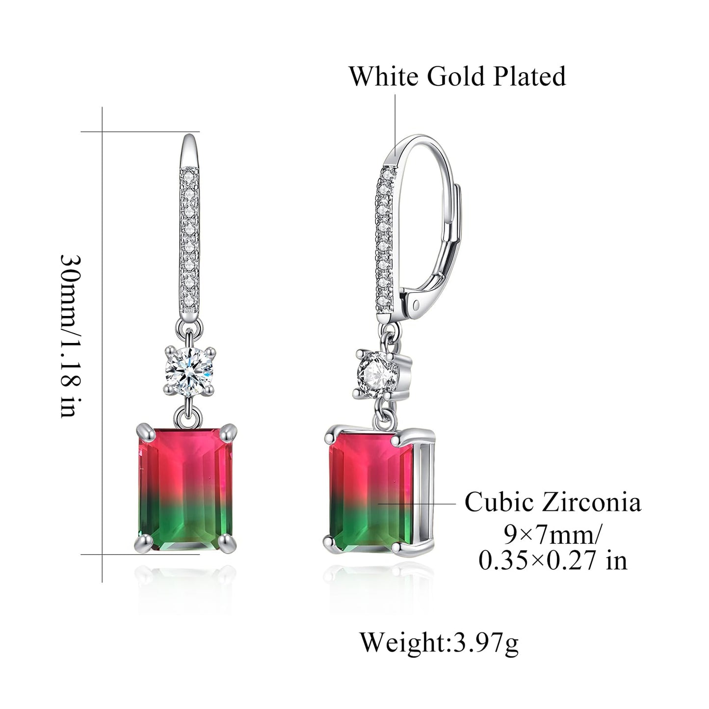 CiNily Leverback Earrings for Women Rectangular-cut Drop Dangle Earring Hypoallergenic, 14K White Gold Plated Red and Green Cubic Zircon Earrings Diamond Dangle Ear Rings Jewelry Birthday