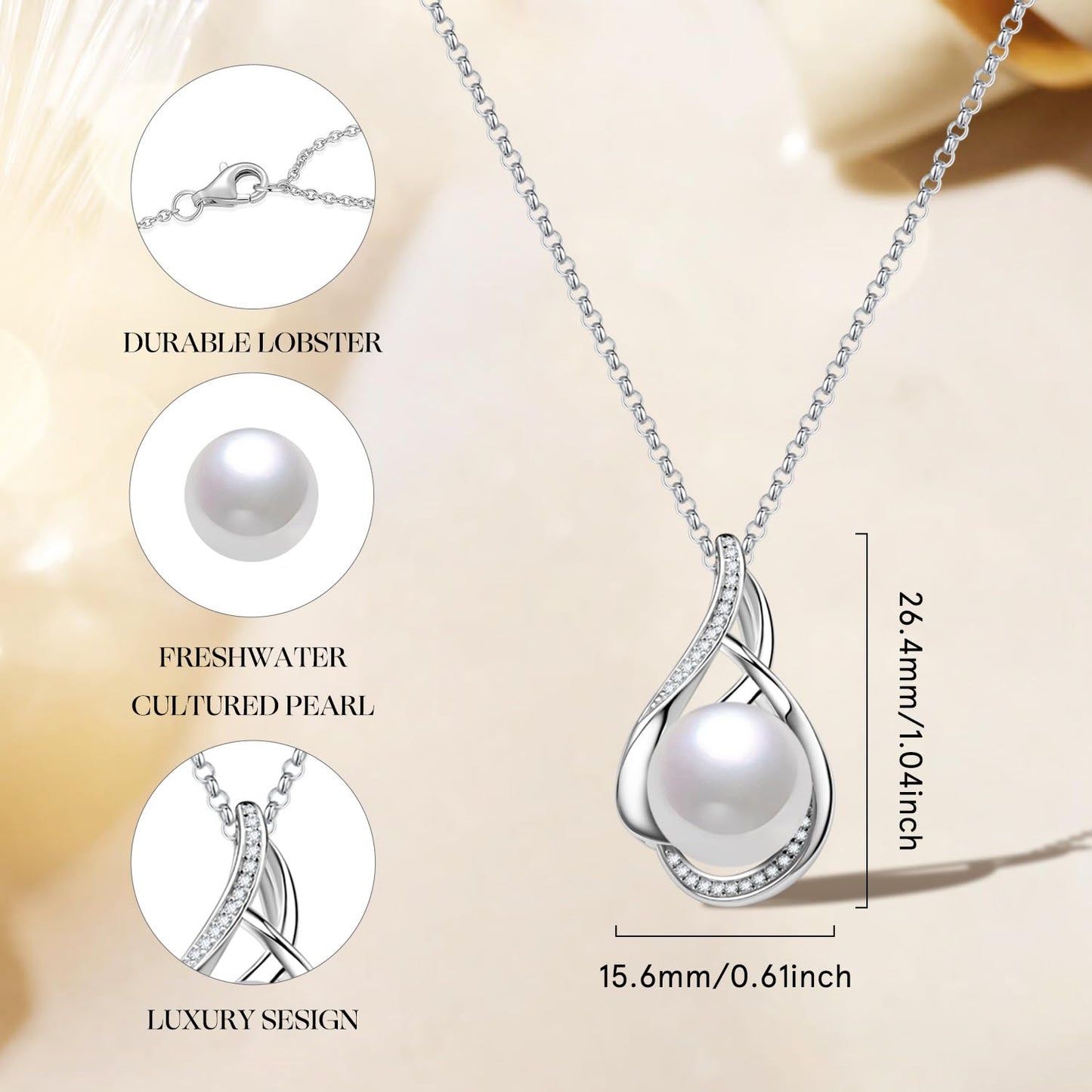 FANCIME Gift for Women Wife Freshwater Cultured Pearl Necklace Sterling Silver Vahine Charm 10-12MM Freshwater Cultured Pearl Luxury Jewelry Gift for Women, Mother, Wife, 16"+2" Adjustable
