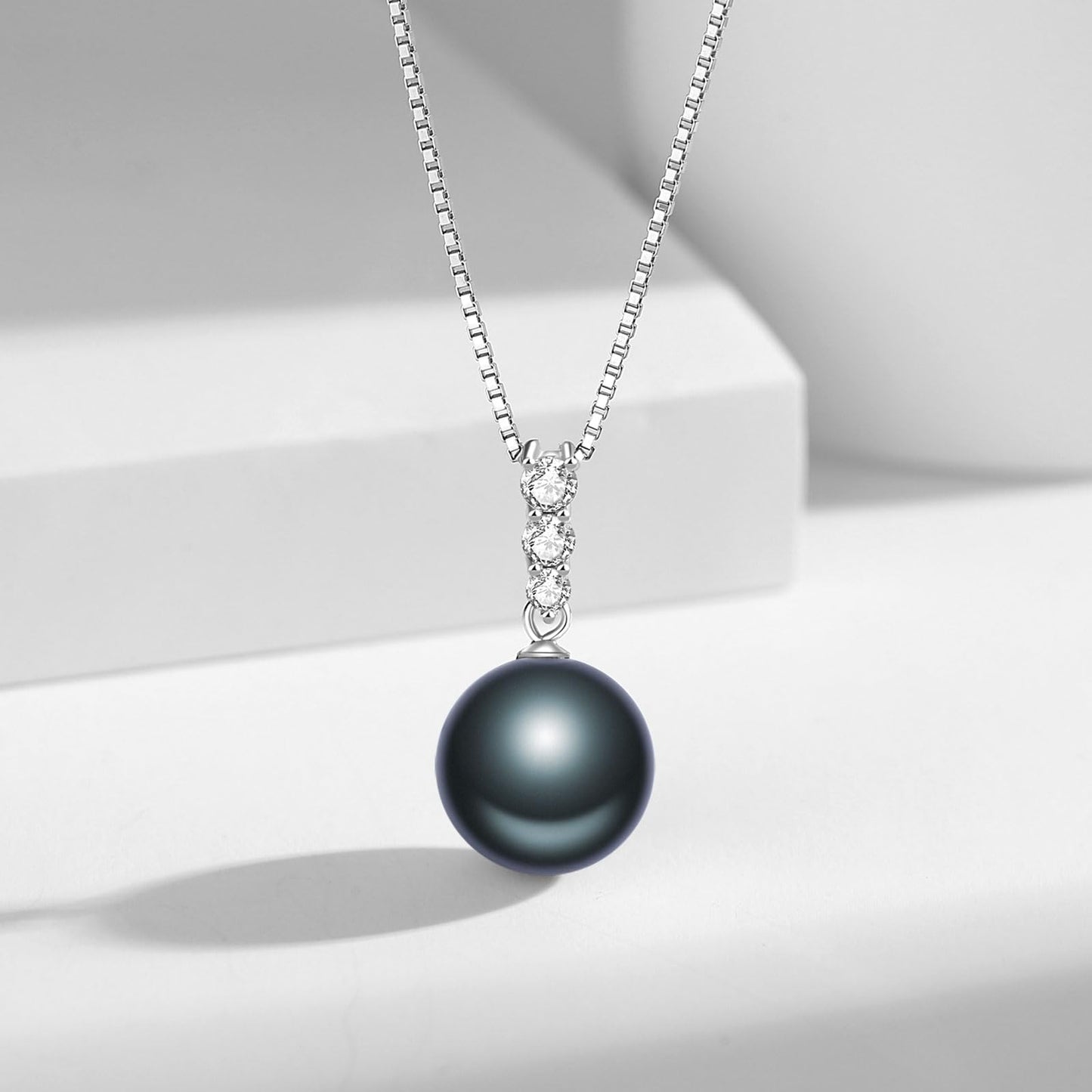 YAMI Tahitian Black Pearl Pendant Necklace, 12-13mm Cultured Round Pearls, 925 Sterling Silver with 18+2IN Adjustable Chain, Elegant Mother's Day Jewelry Gift for Women, Three CZ Diamonds Accent