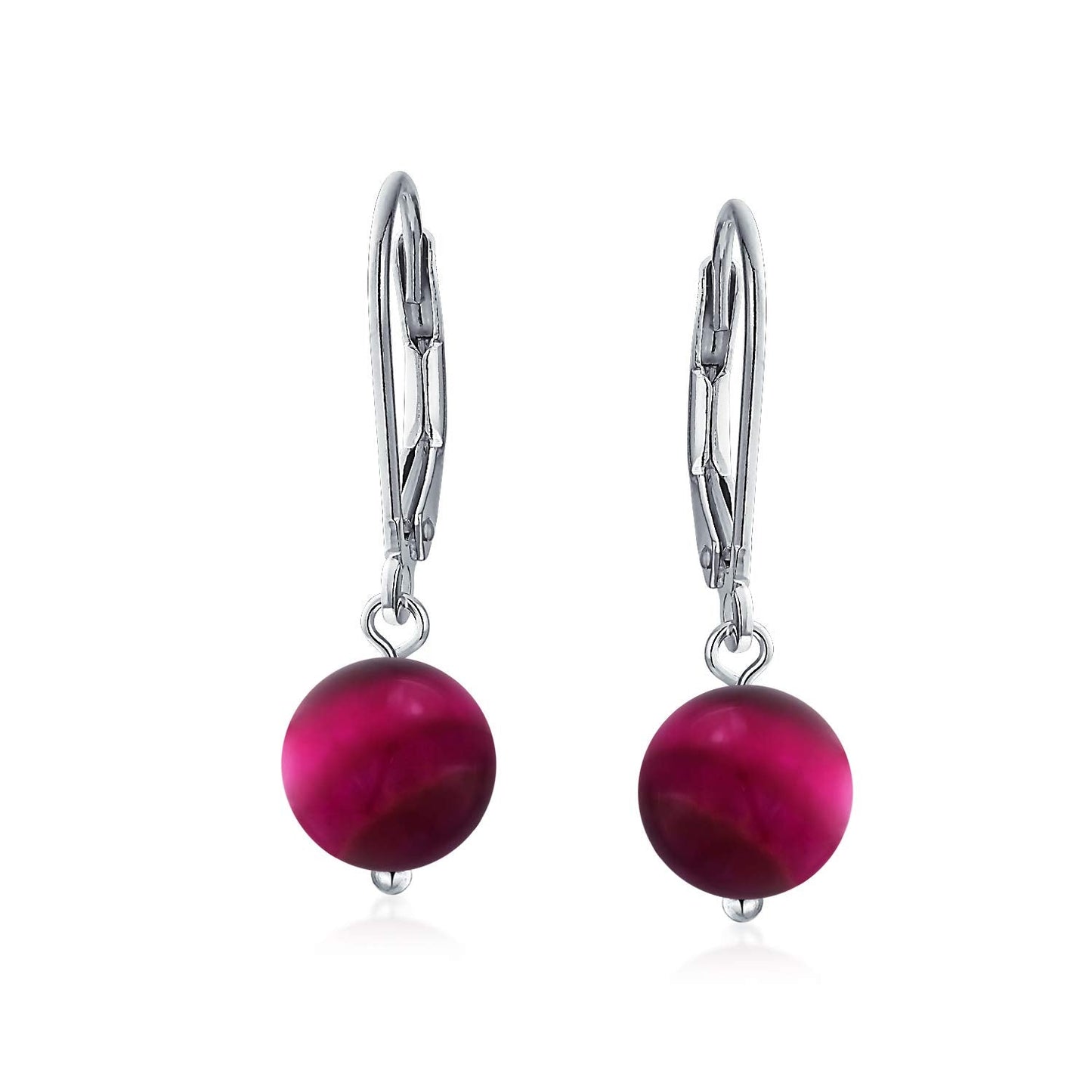 Bling Jewelry Timeless .925 Sterling Silver Pink Fuchsia Tiger-Eye Bead 8mm Ball Drop Earrings Lever Back Genuine Gemstone